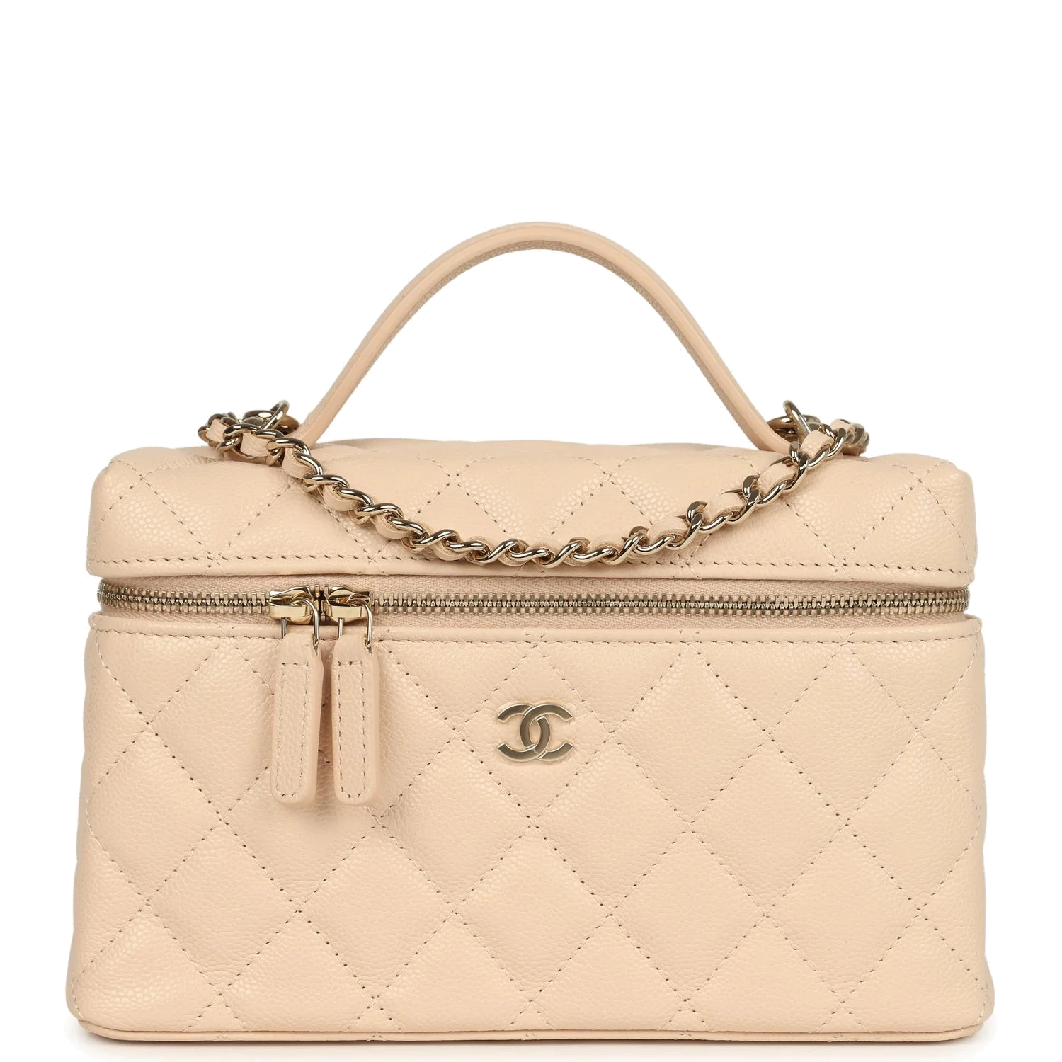 Chanel Top Handle Long Vanity Case with Chain Light Beige Shiny Caviar