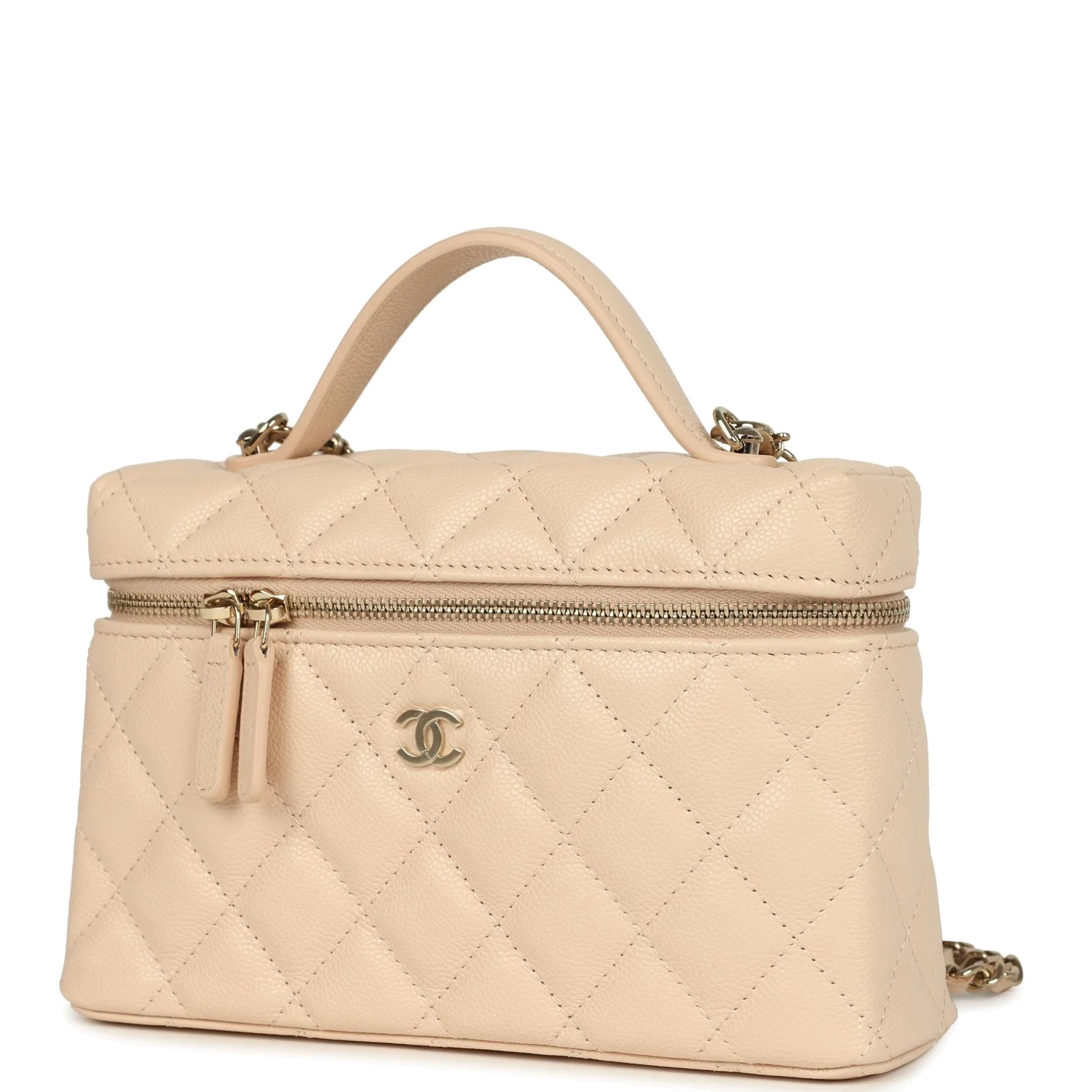 Chanel Top Handle Long Vanity Case with Chain Light Beige Shiny Caviar — фото 6