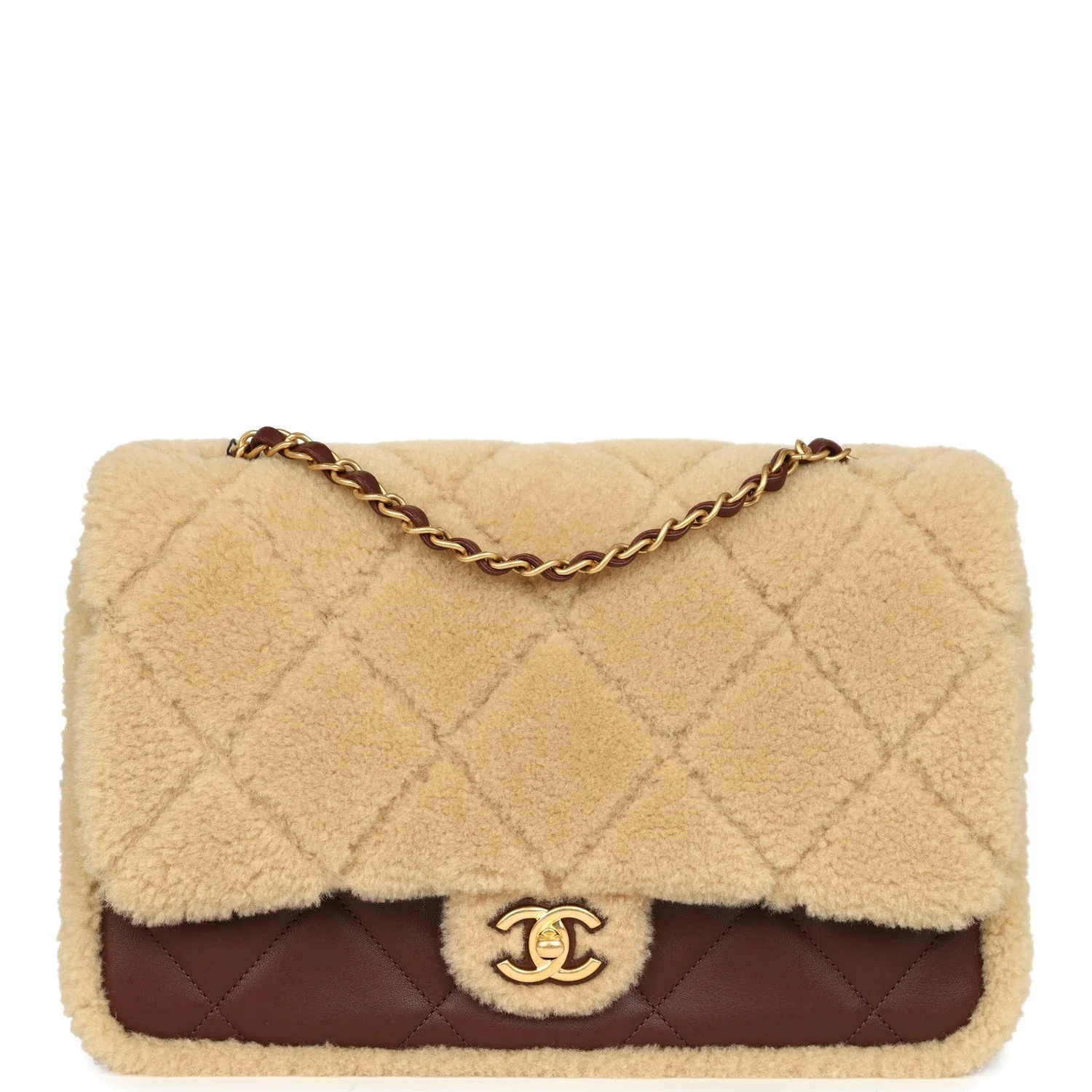 Chanel Large Shearling Flap Bag Dark Brown Lambskin and Beige Shearling