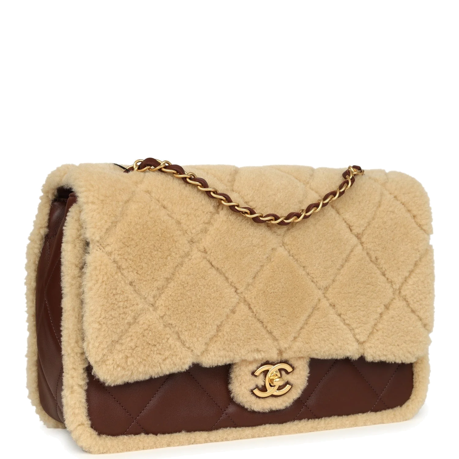 Chanel Large Shearling Flap Bag Dark Brown Lambskin and Beige Shearling — фото 3