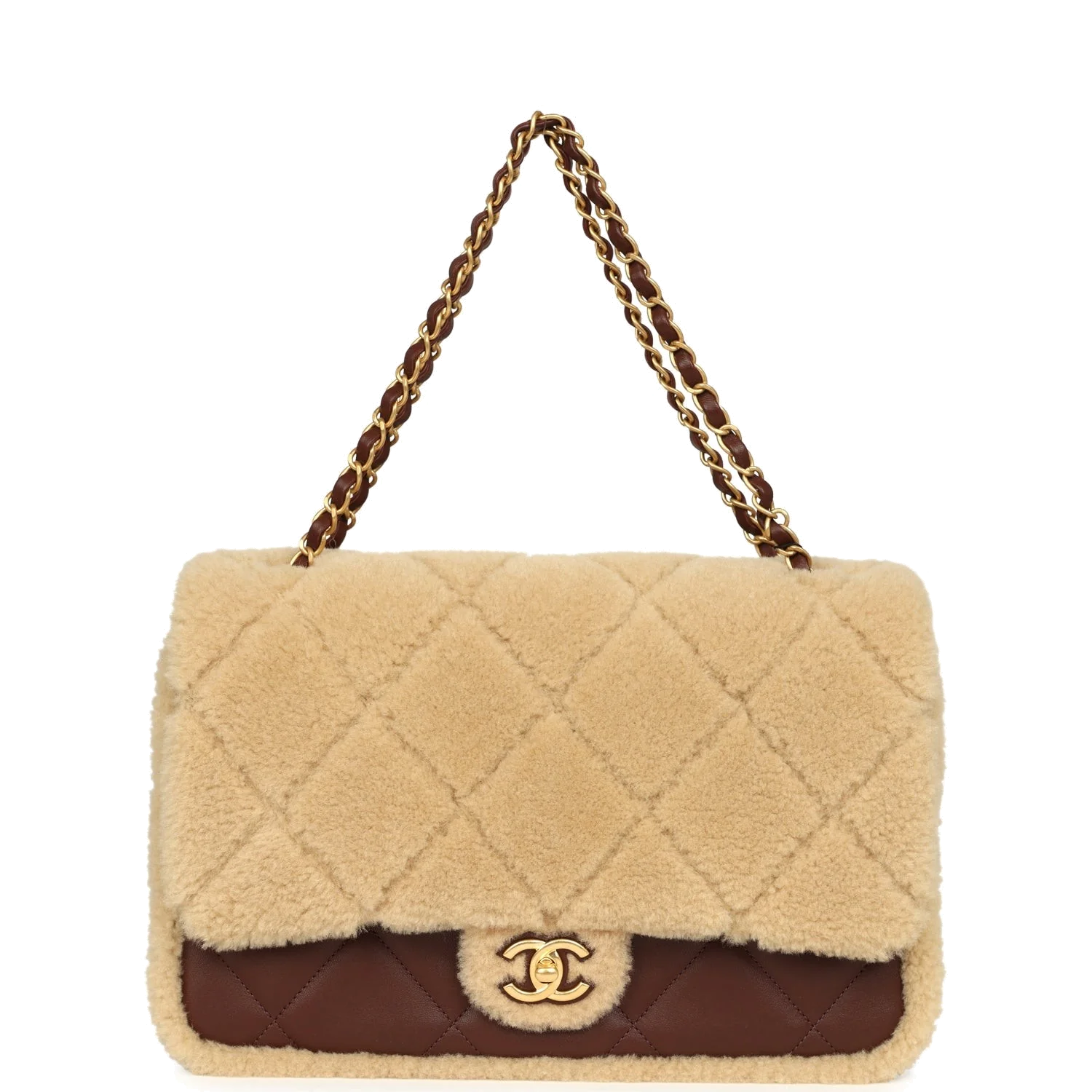 Chanel Large Shearling Flap Bag Dark Brown Lambskin and Beige Shearling — фото 8