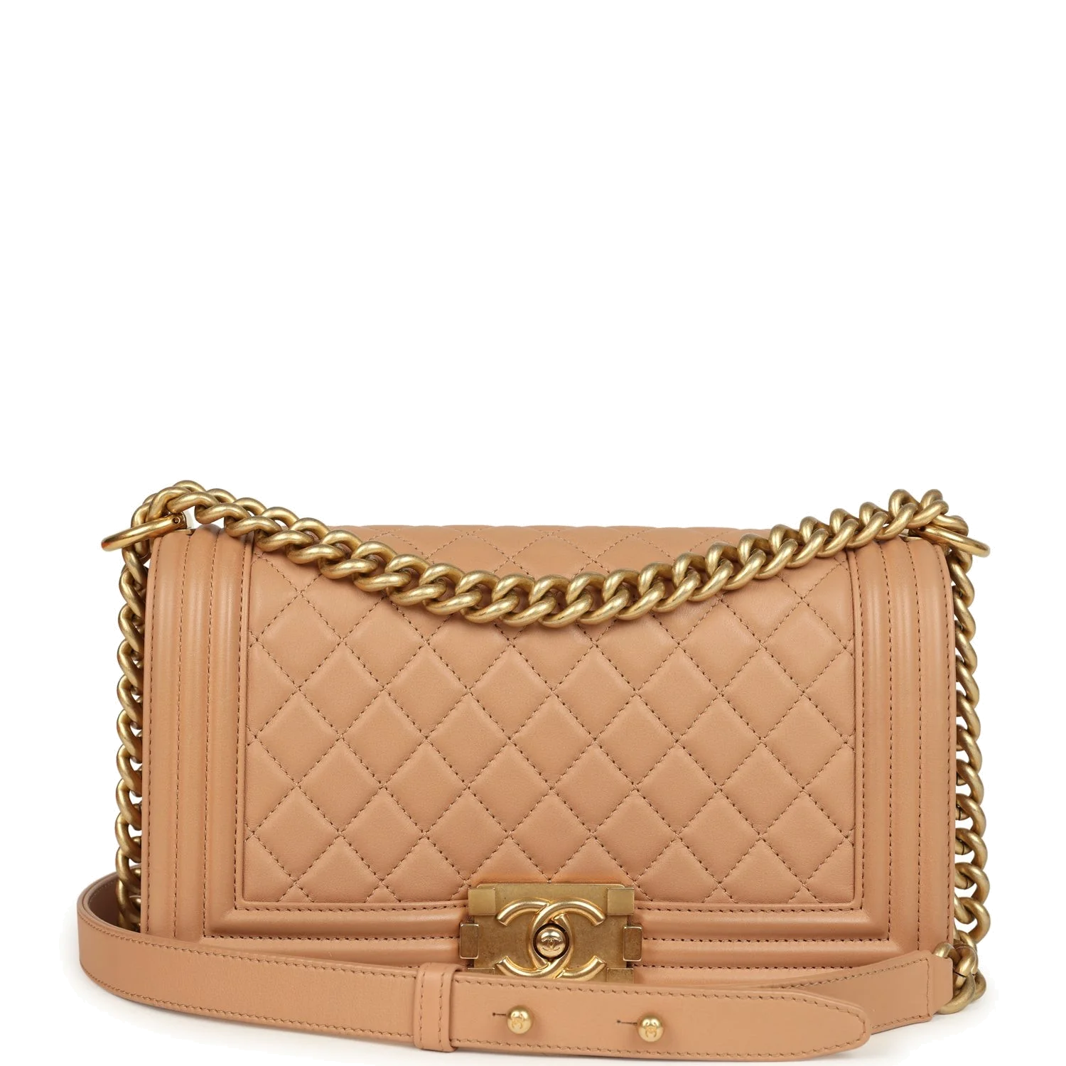 Preowned Chanel Medium Boy Bag Dark Beige Lambskin