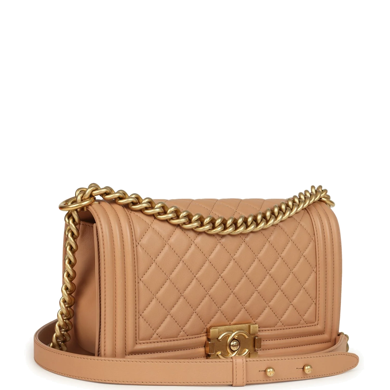 Preowned Chanel Medium Boy Bag Dark Beige Lambskin — фото 3