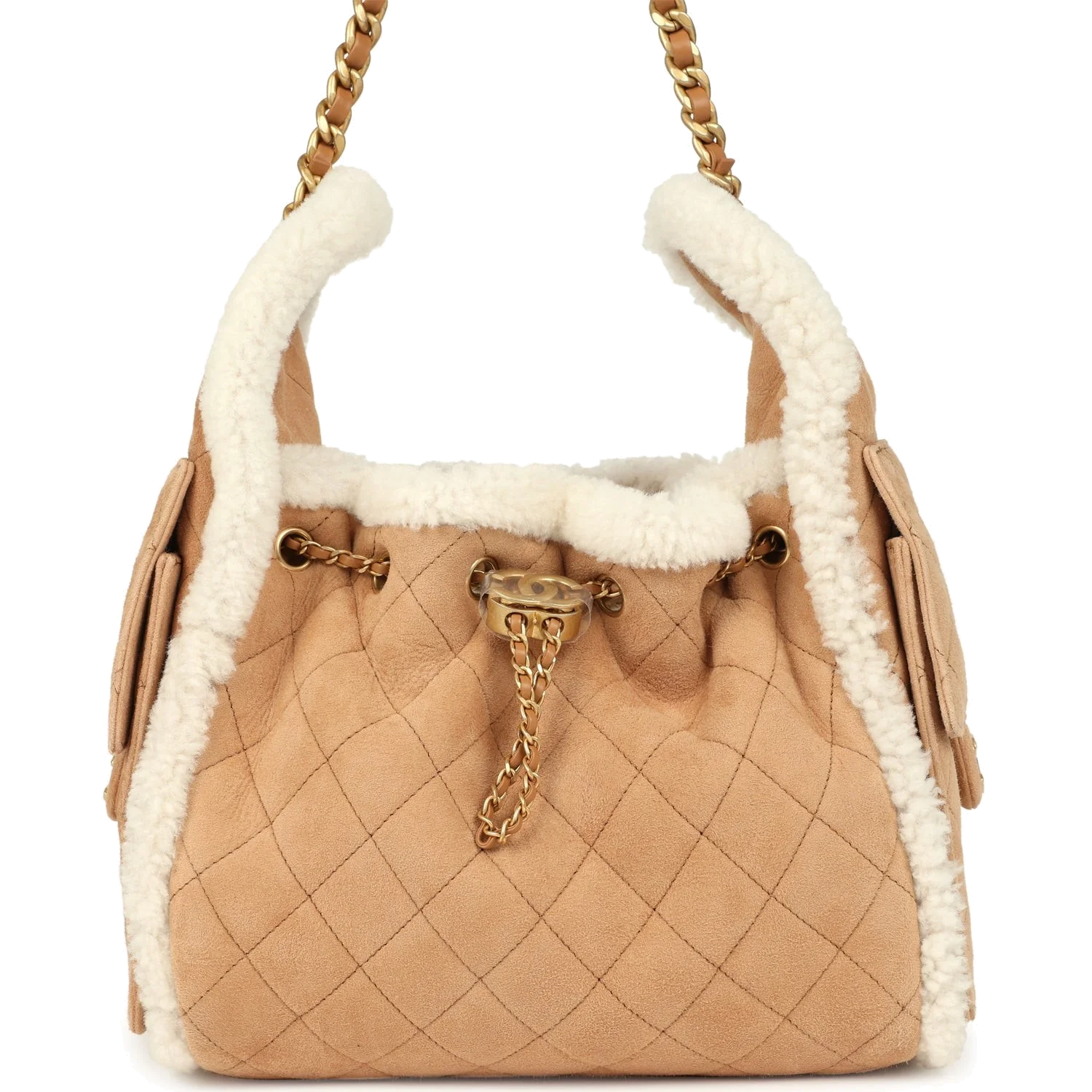 Chanel Small 25 Hobo Bag Beige Suede and White Shearling