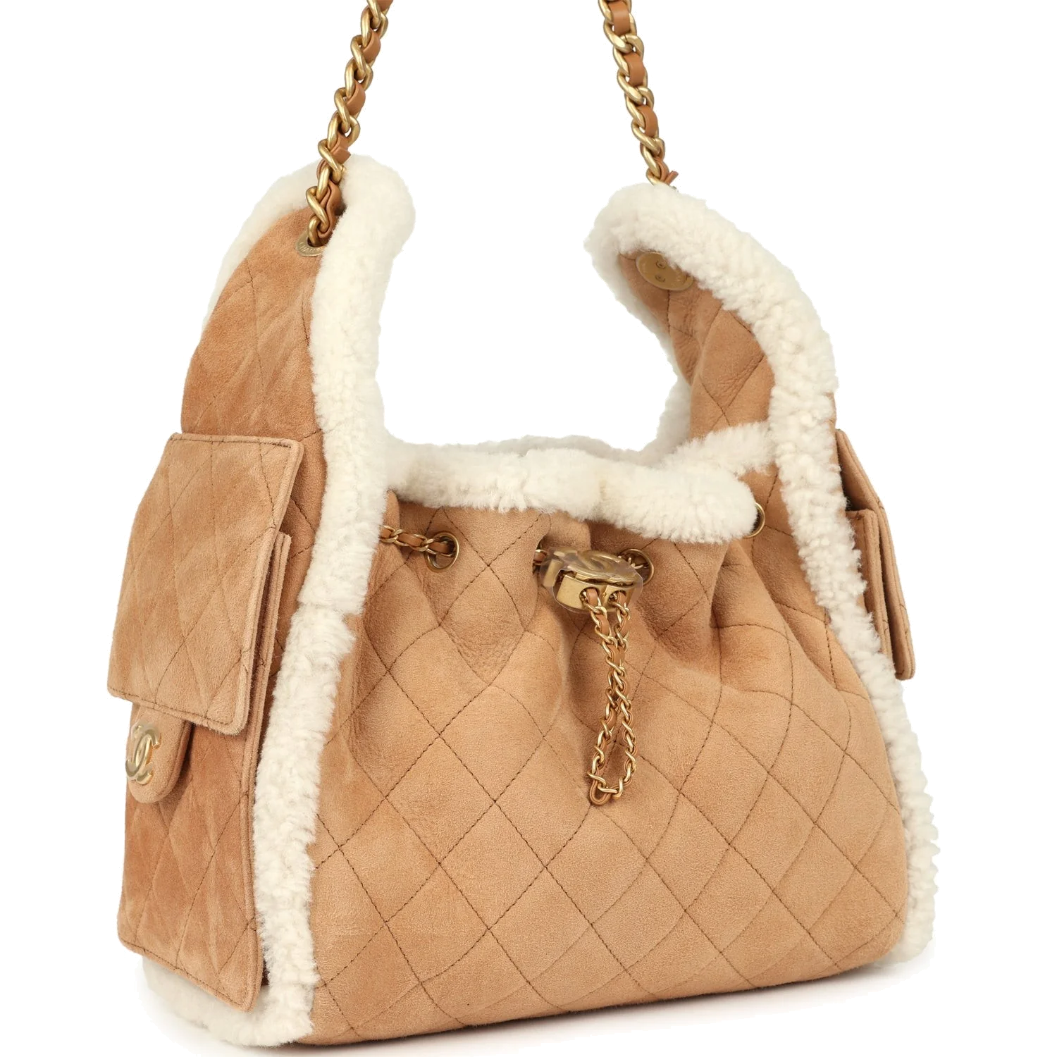 Chanel Small 25 Hobo Bag Beige Suede and White Shearling — фото 3