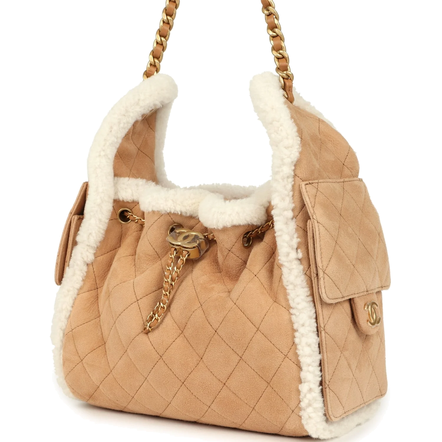 Chanel Small 25 Hobo Bag Beige Suede and White Shearling — фото 6