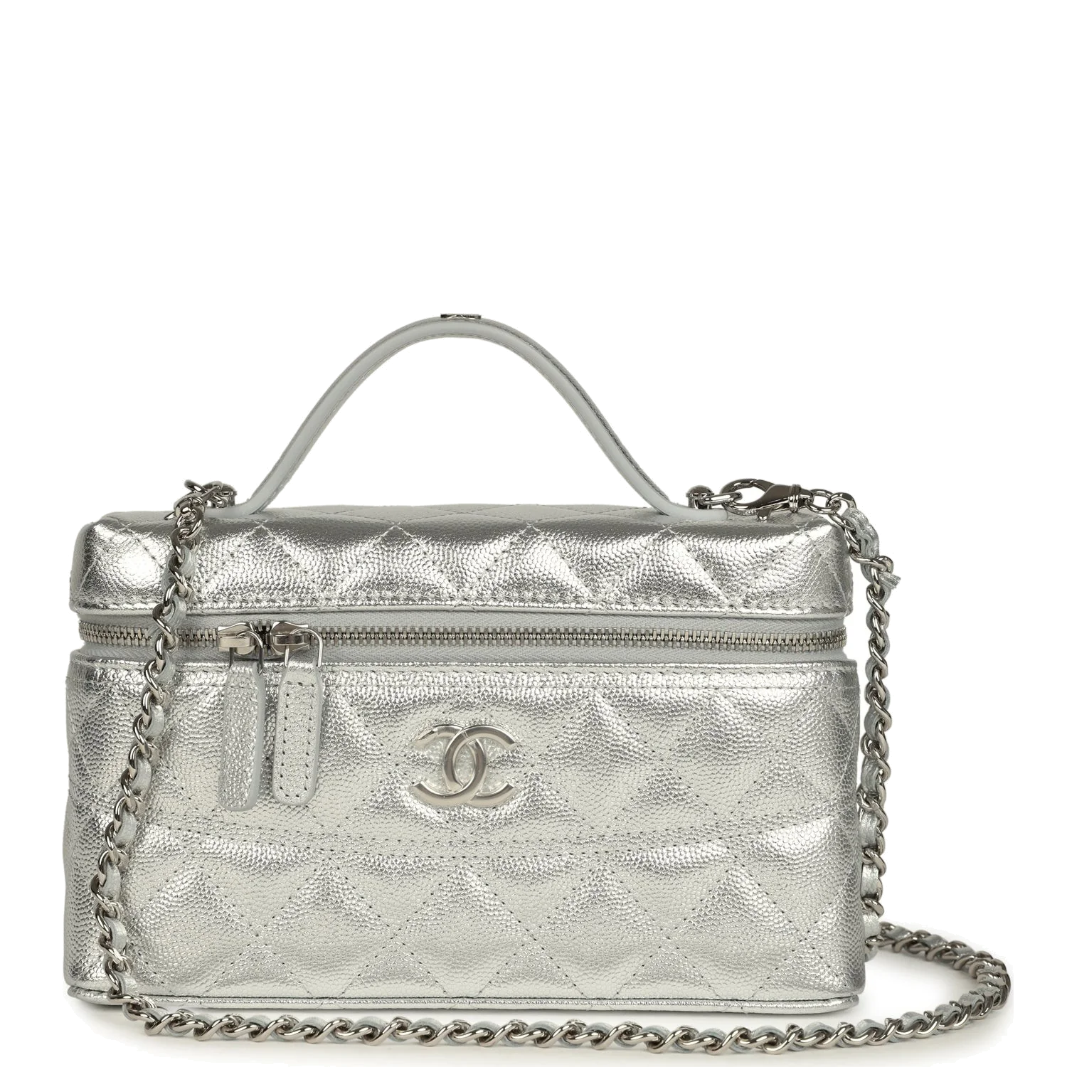Chanel Top Handle Long Vanity Case with Chain Metallic Silver Shiny Caviar — фото 2