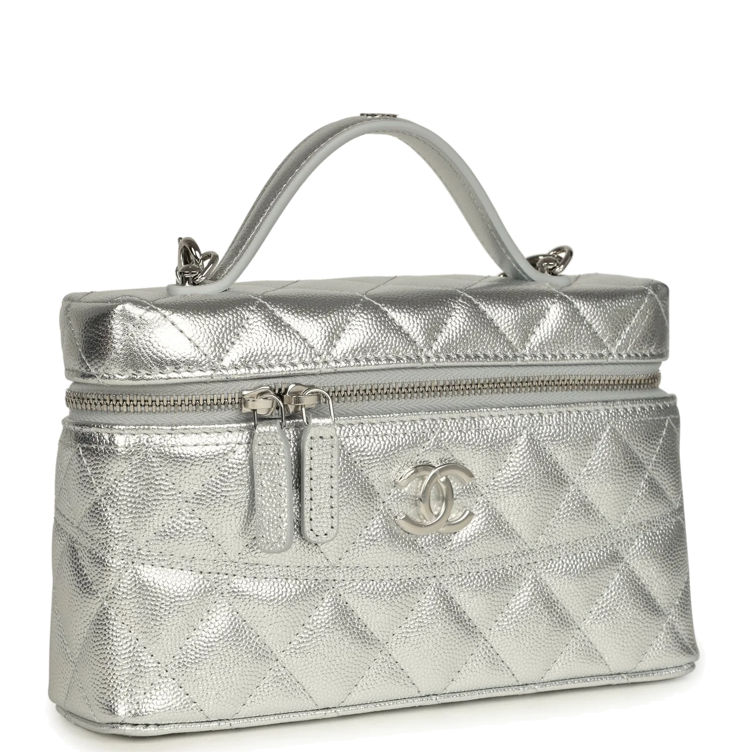 Chanel Top Handle Long Vanity Case with Chain Metallic Silver Shiny Caviar — фото 3