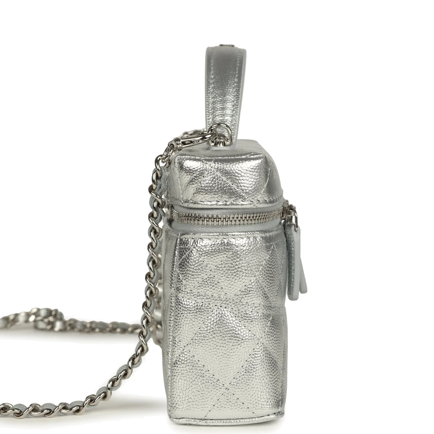 Chanel Top Handle Long Vanity Case with Chain Metallic Silver Shiny Caviar — фото 4