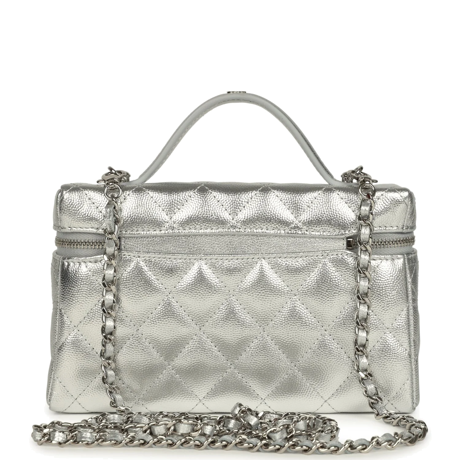 Chanel Top Handle Long Vanity Case with Chain Metallic Silver Shiny Caviar — фото 5