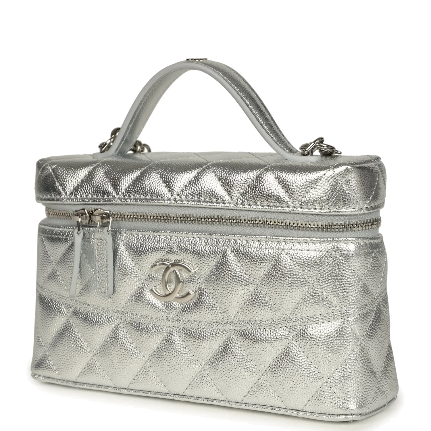 Chanel Top Handle Long Vanity Case with Chain Metallic Silver Shiny Caviar — фото 6