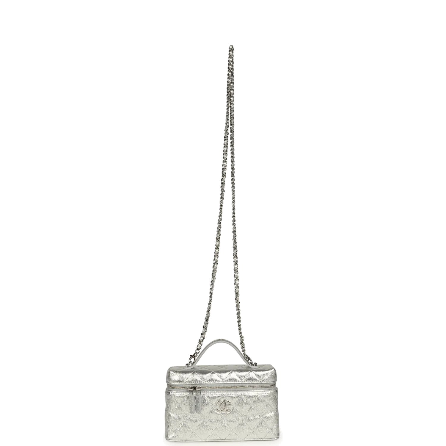 Chanel Top Handle Long Vanity Case with Chain Metallic Silver Shiny Caviar — фото 8
