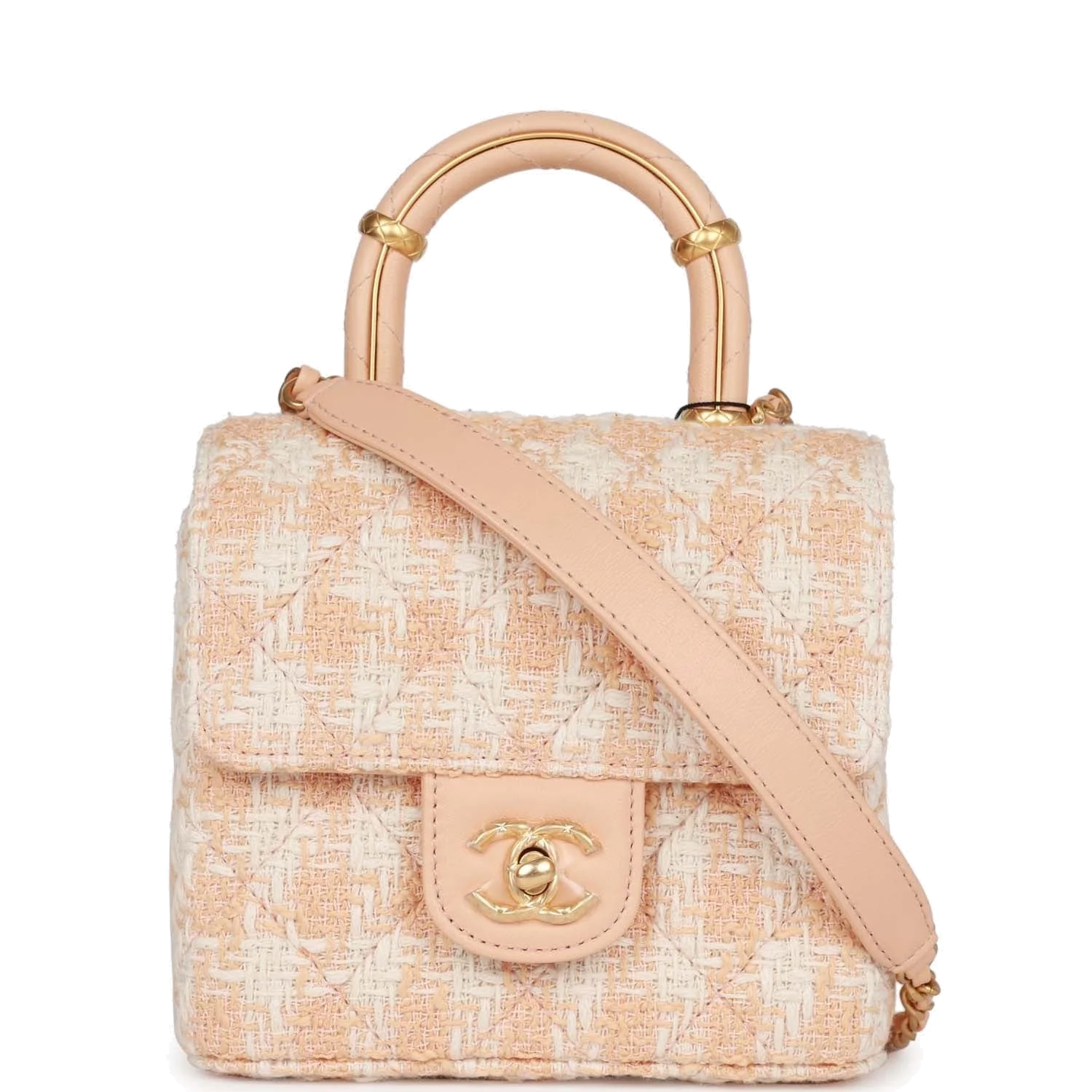 Chanel Mini Square Flap with Top Handle Light Orange and Ecru Tweed — фото 2
