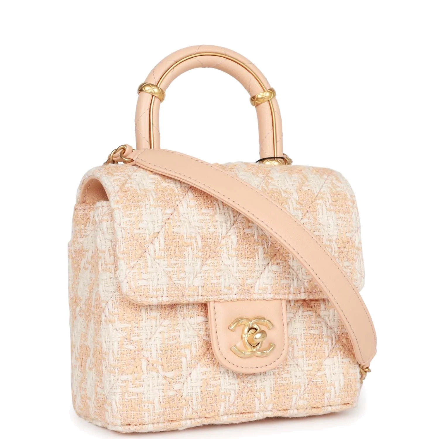 Chanel Mini Square Flap with Top Handle Light Orange and Ecru Tweed — фото 3
