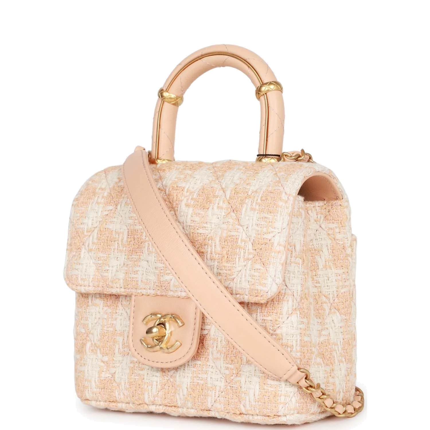 Chanel Mini Square Flap with Top Handle Light Orange and Ecru Tweed — фото 6
