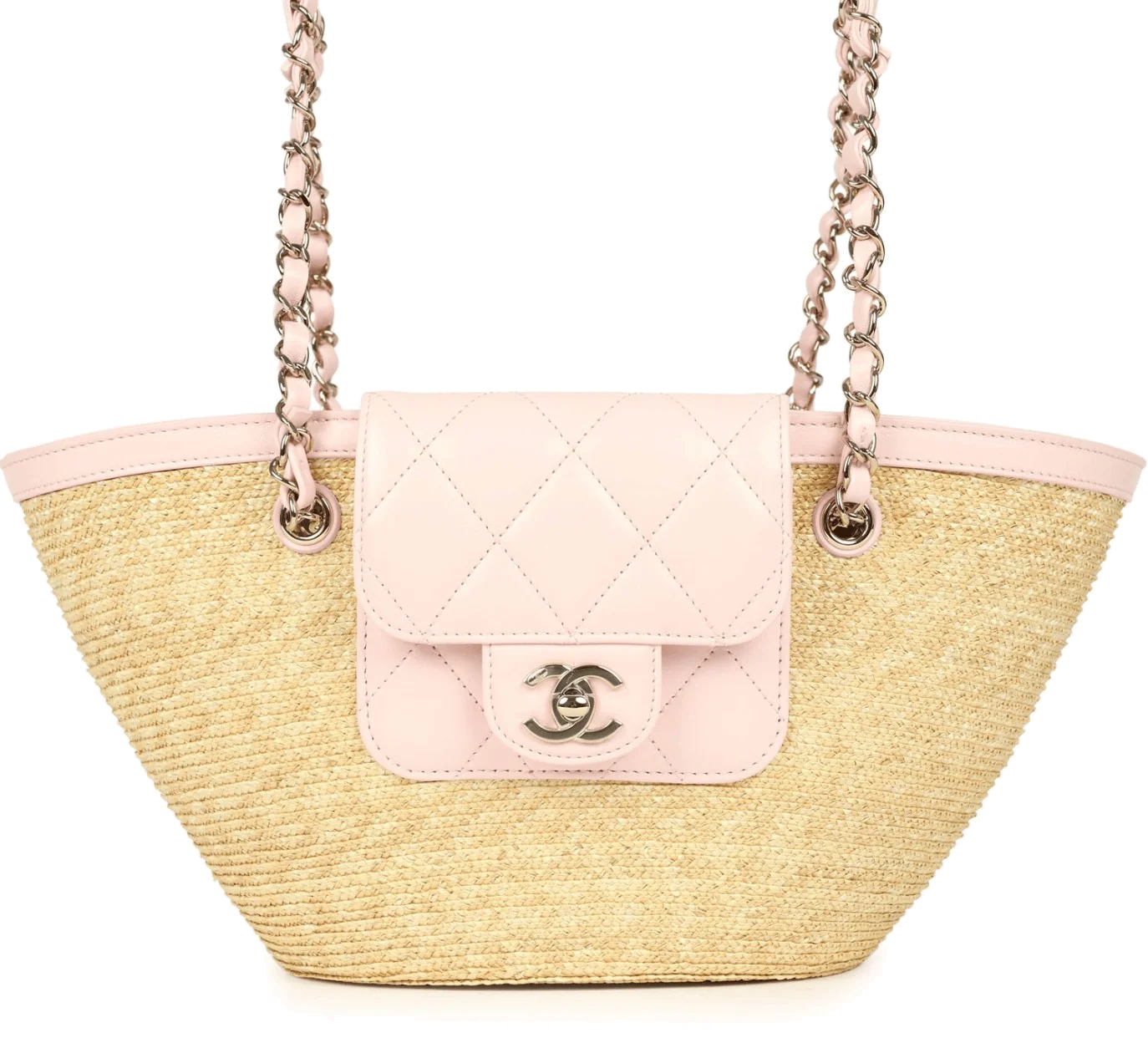 Chanel Small Shopping Tote Bag Beige Raffia and Light Pink Lambskin