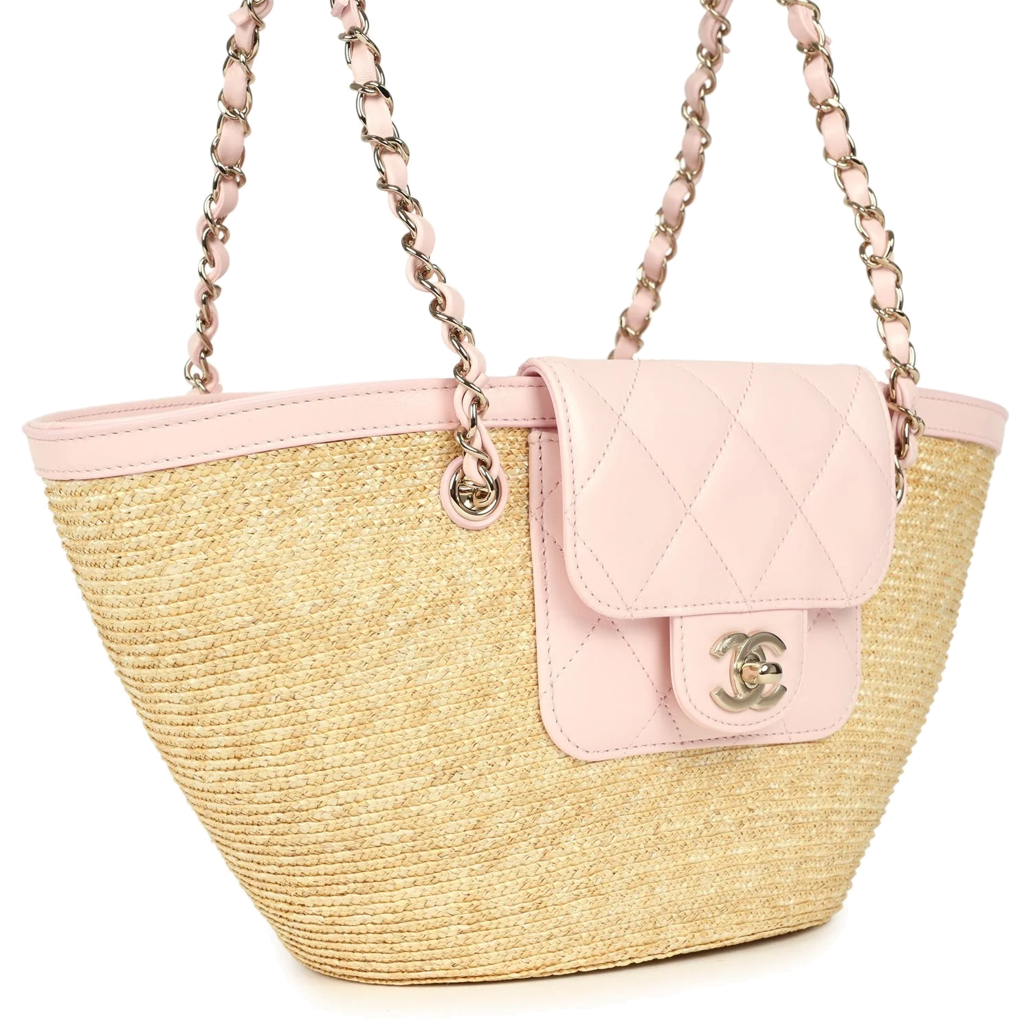 Chanel Small Shopping Tote Bag Beige Raffia and Light Pink Lambskin — фото 3