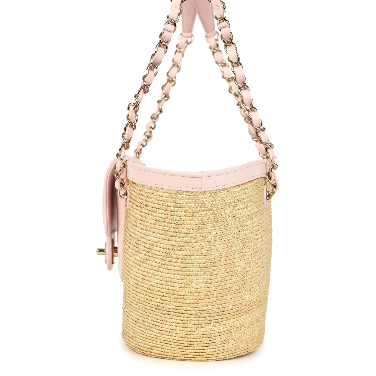 Chanel Small Shopping Tote Bag Beige Raffia and Light Pink Lambskin — фото 4