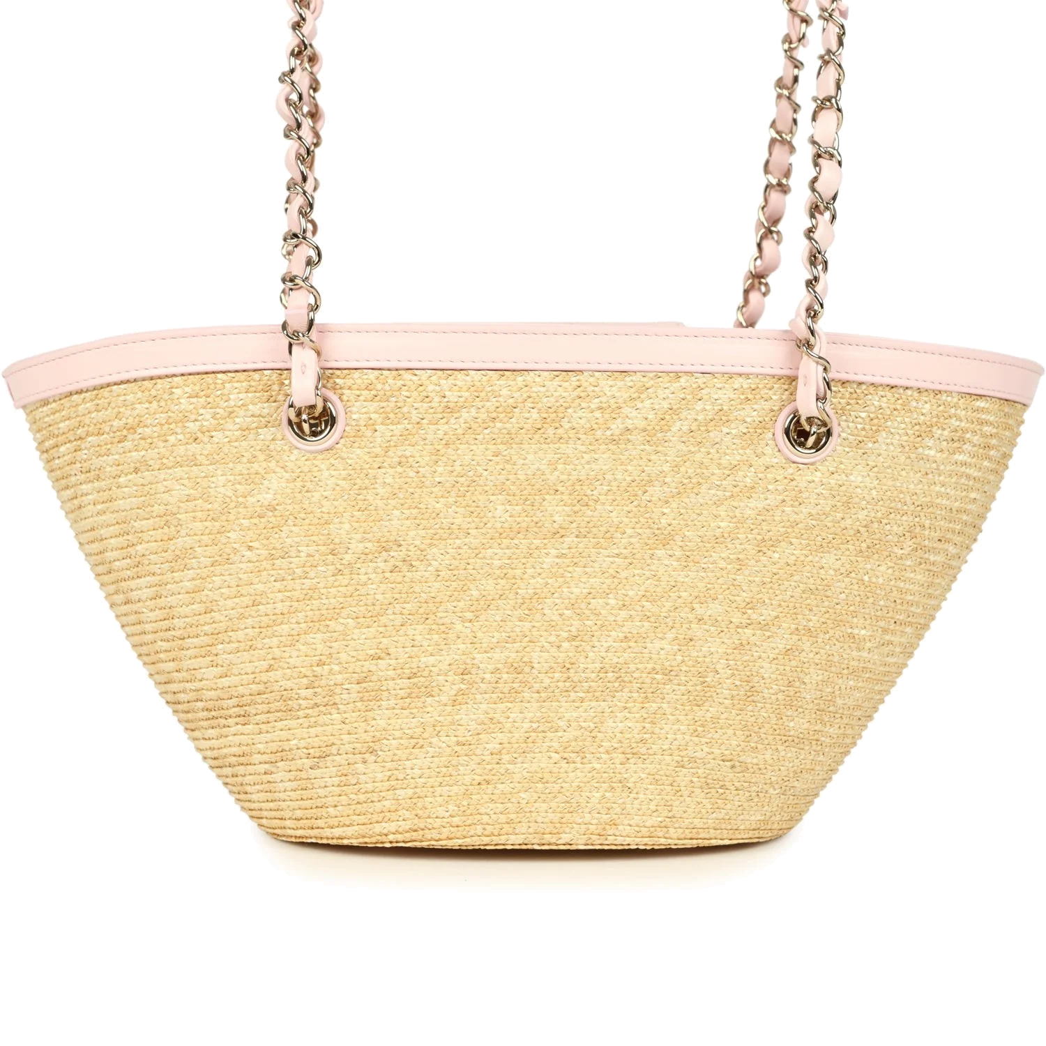 Chanel Small Shopping Tote Bag Beige Raffia and Light Pink Lambskin — фото 5