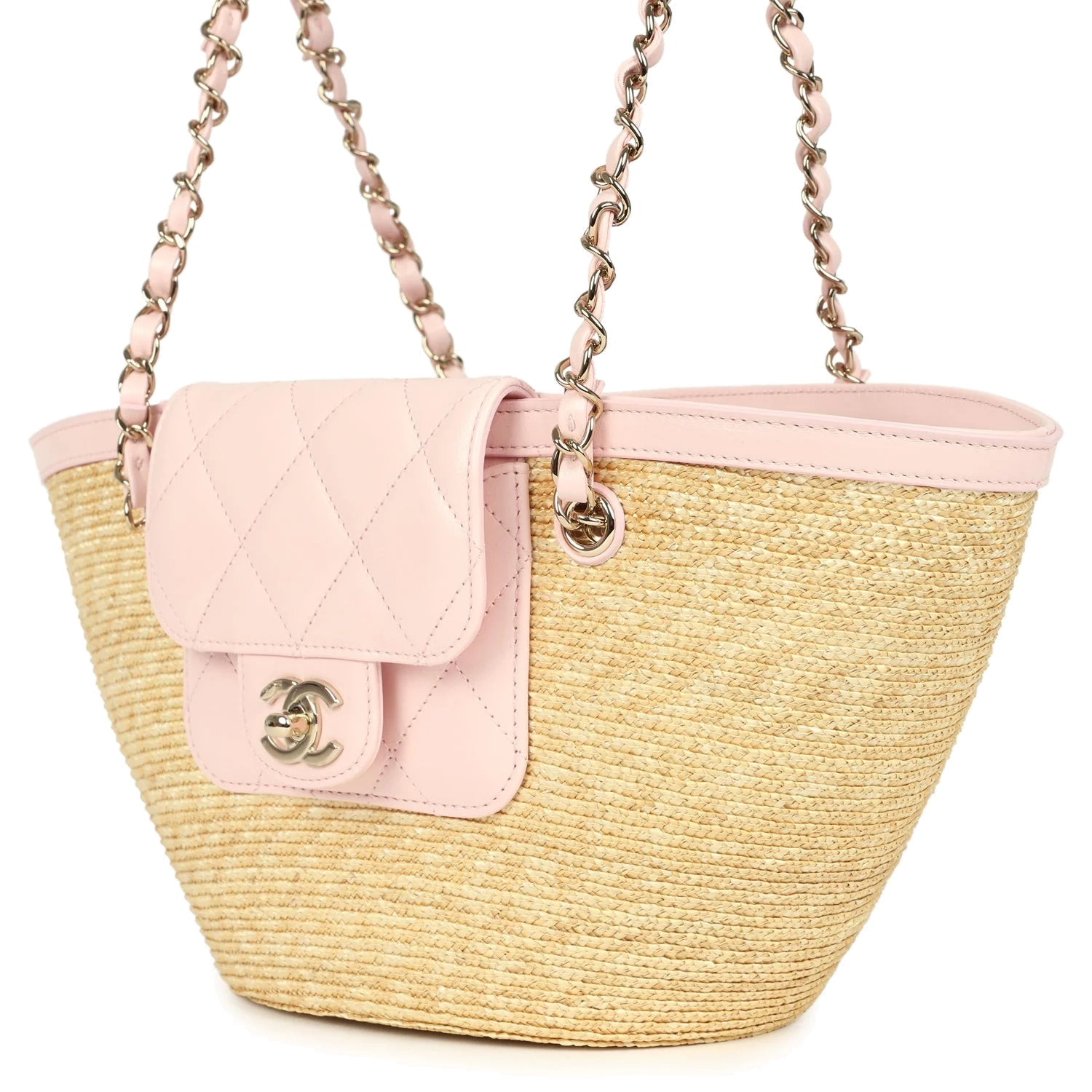 Chanel Small Shopping Tote Bag Beige Raffia and Light Pink Lambskin — фото 6