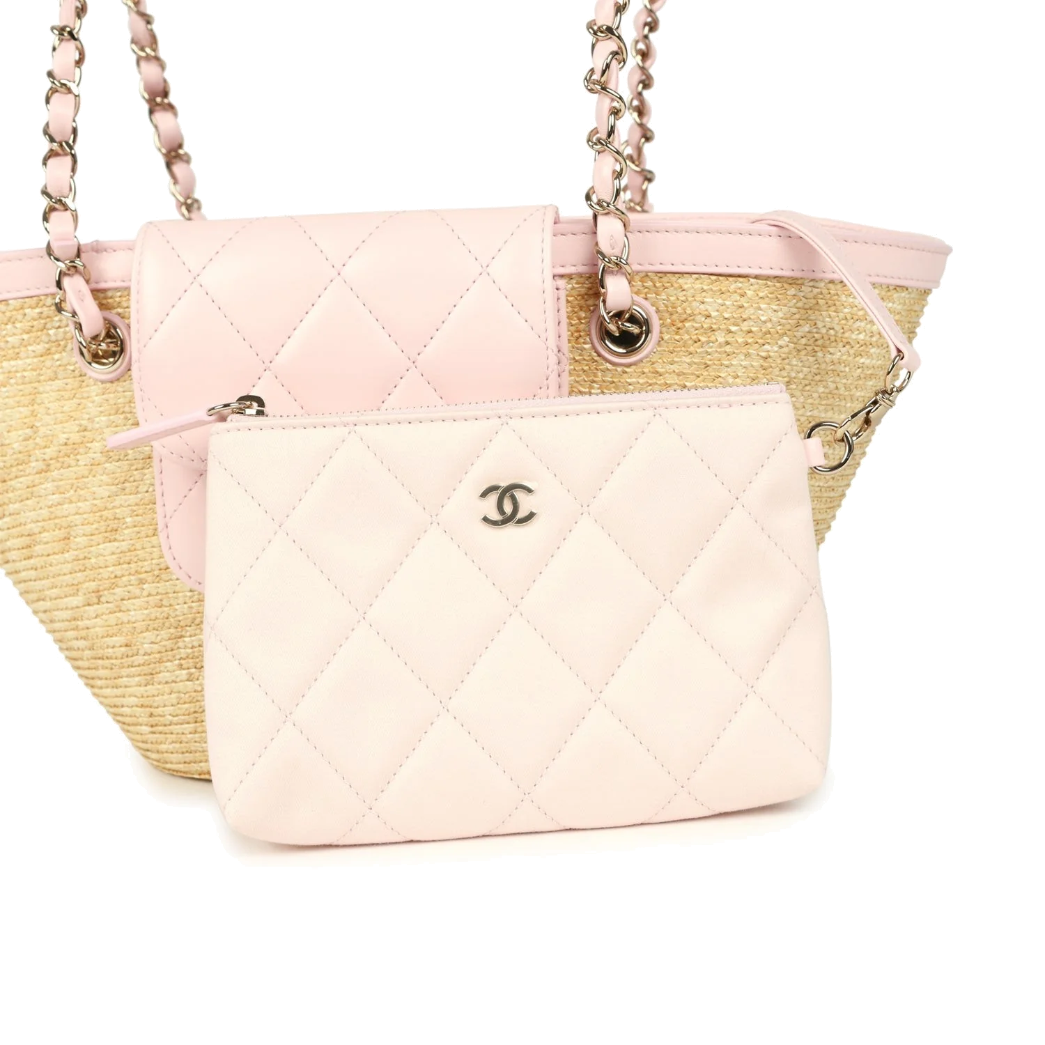 Chanel Small Shopping Tote Bag Beige Raffia and Light Pink Lambskin — фото 8