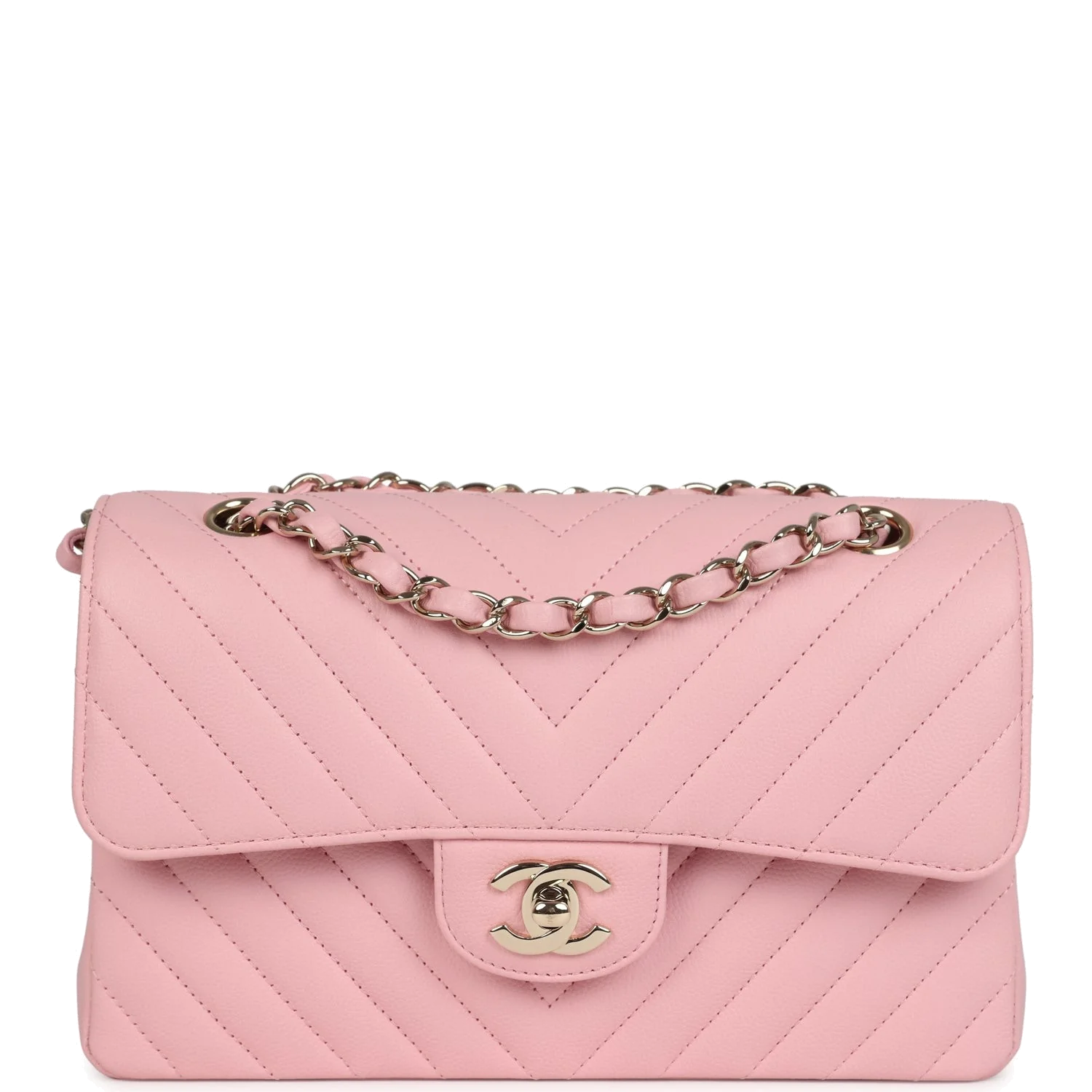Chanel Small Classic Double Flap Bag Light Pink Chevron Caviar