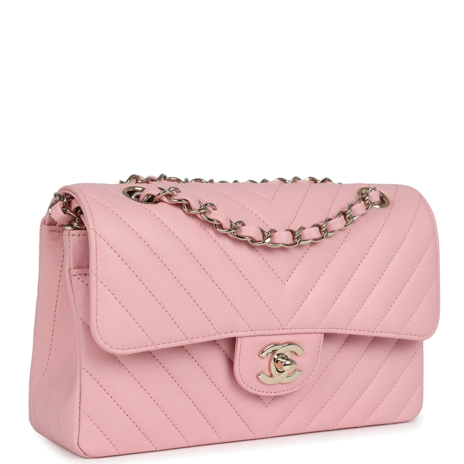 Chanel Small Classic Double Flap Bag Light Pink Chevron Caviar — фото 3