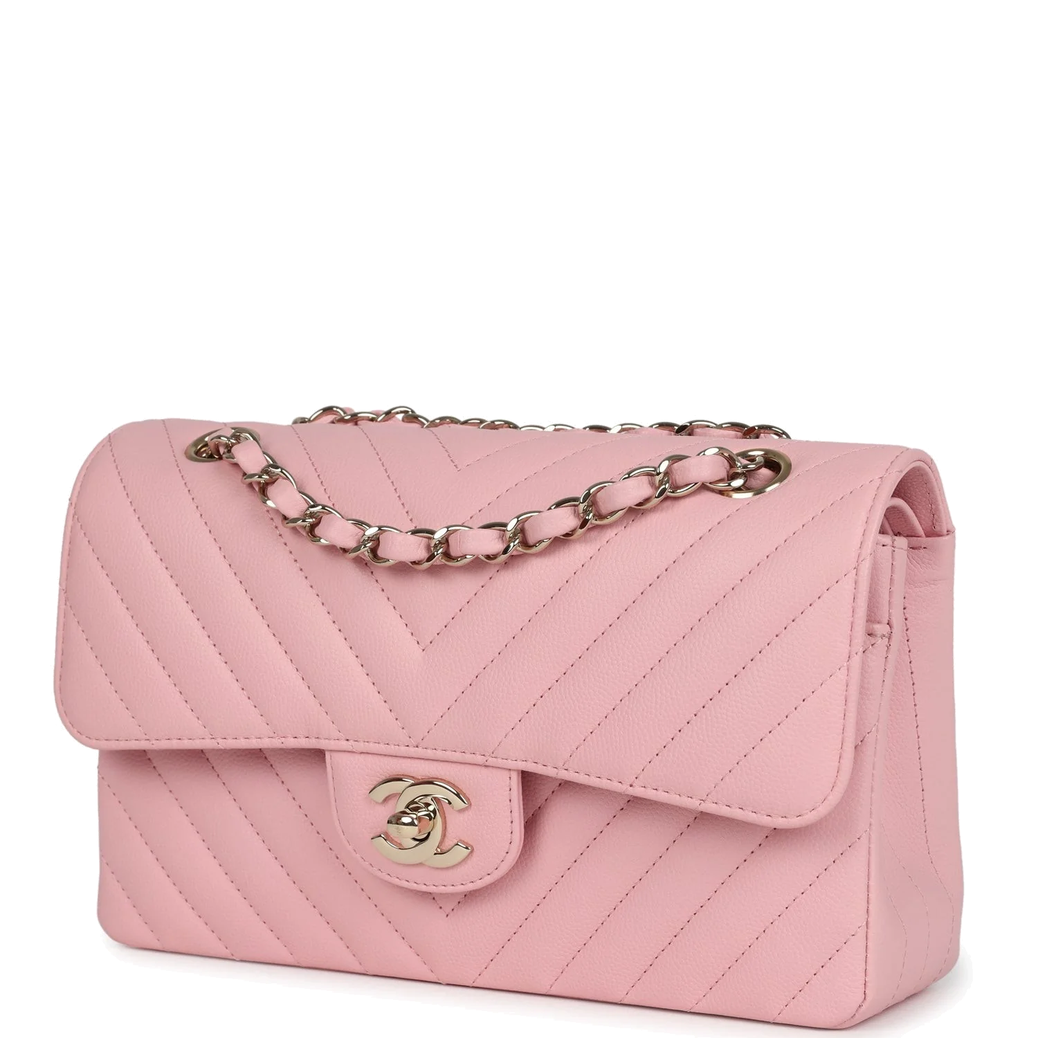 Chanel Small Classic Double Flap Bag Light Pink Chevron Caviar — фото 6