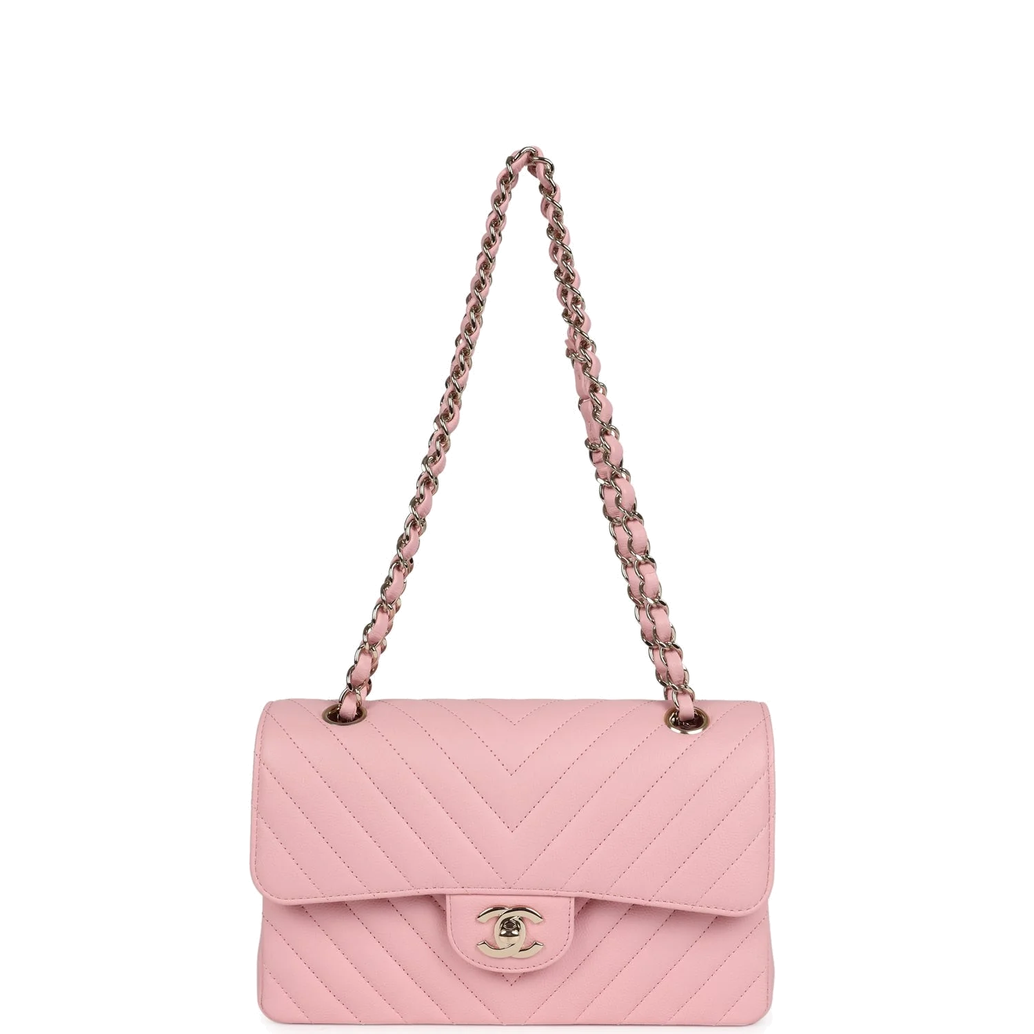 Chanel Small Classic Double Flap Bag Light Pink Chevron Caviar — фото 8