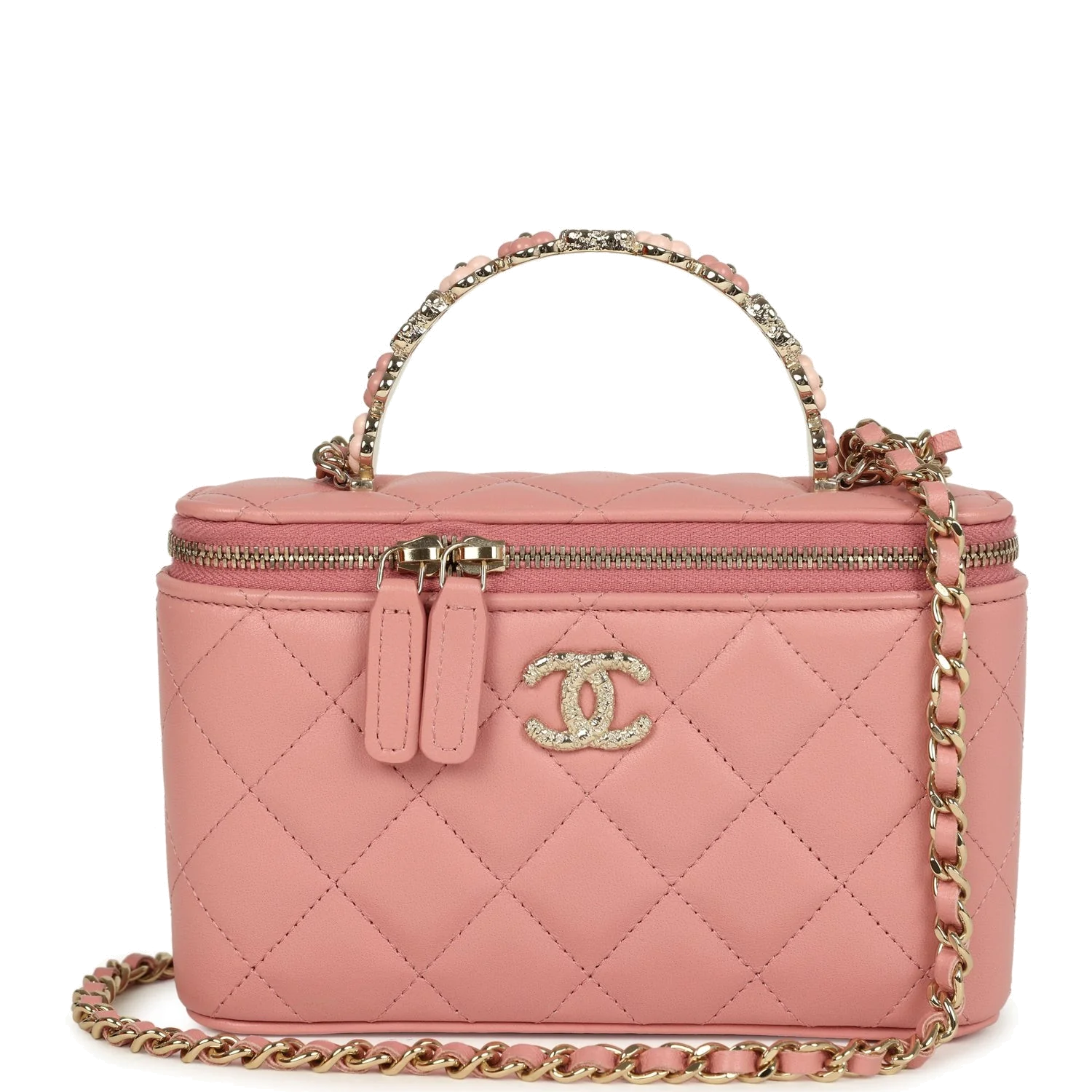 Chanel Flower Top Handle Long Vanity Case with Chain Pink Lambskin — фото 2
