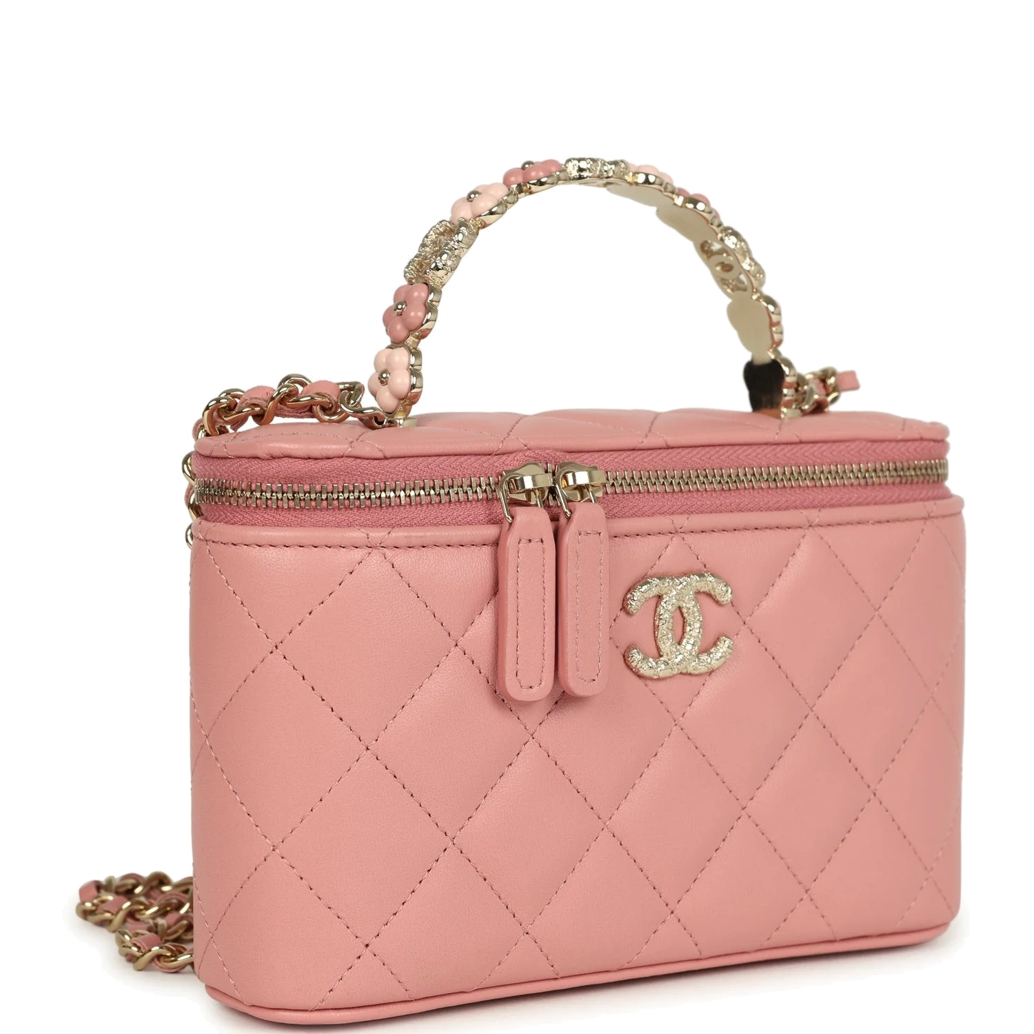 Chanel Flower Top Handle Long Vanity Case with Chain Pink Lambskin — фото 3