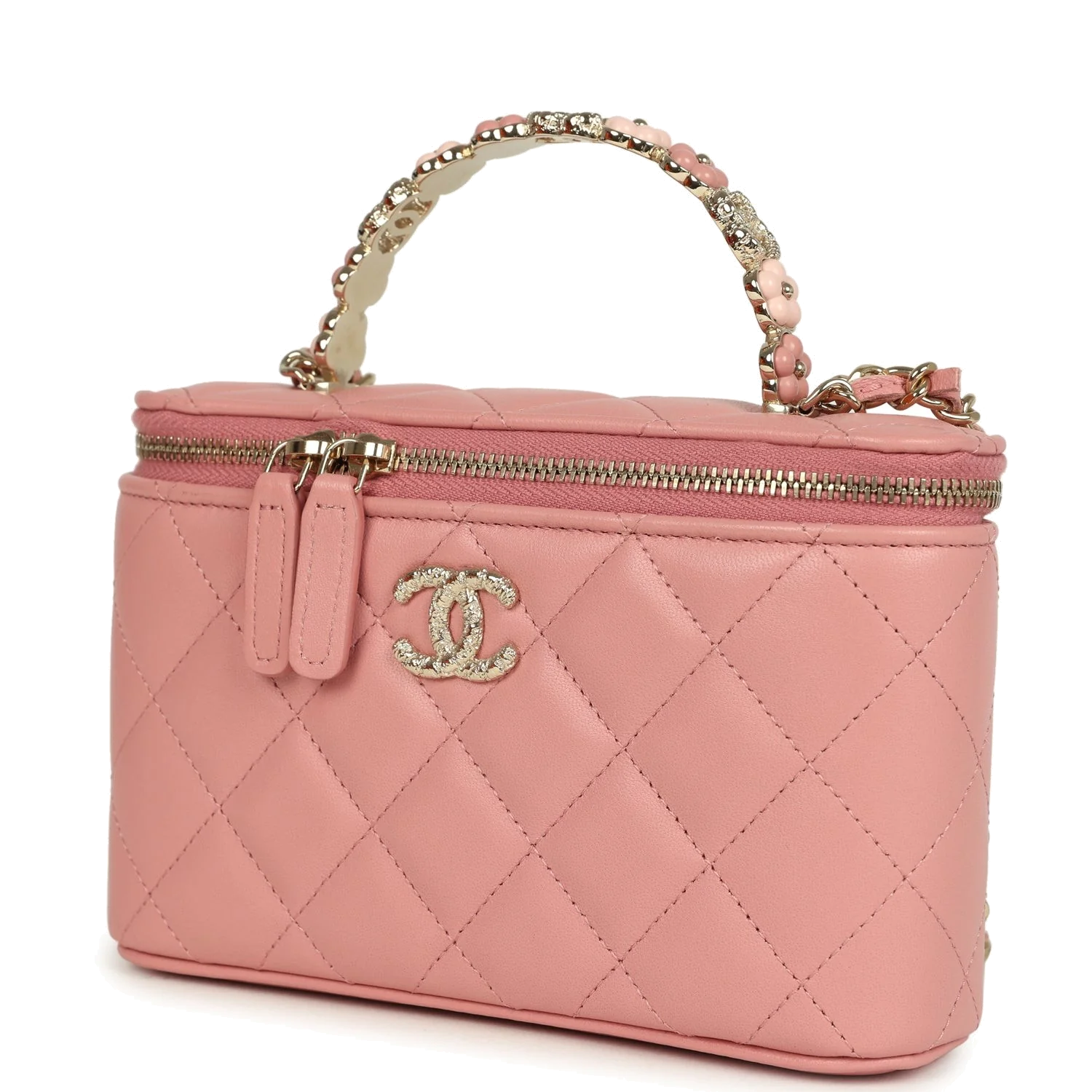 Chanel Flower Top Handle Long Vanity Case with Chain Pink Lambskin — фото 6