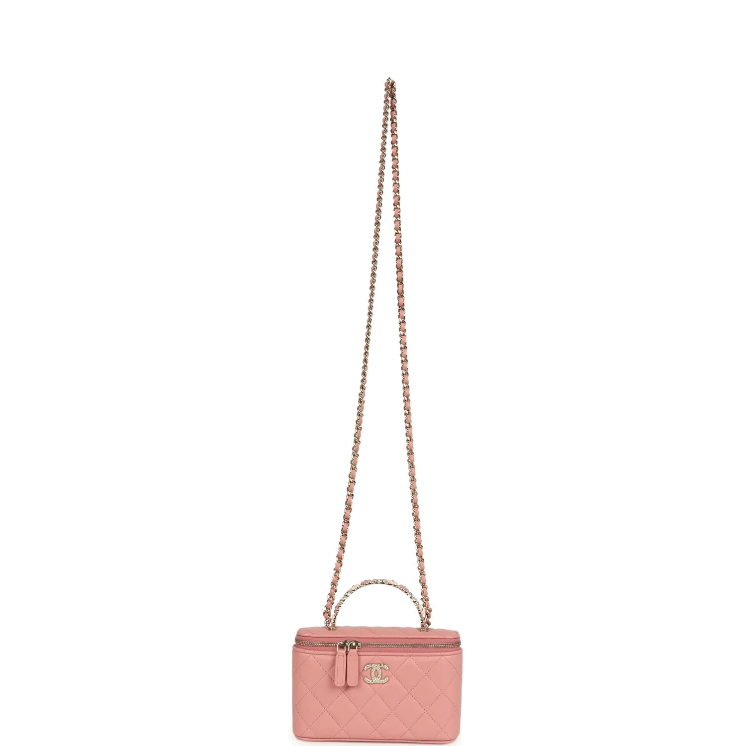 Chanel Flower Top Handle Long Vanity Case with Chain Pink Lambskin — фото 8