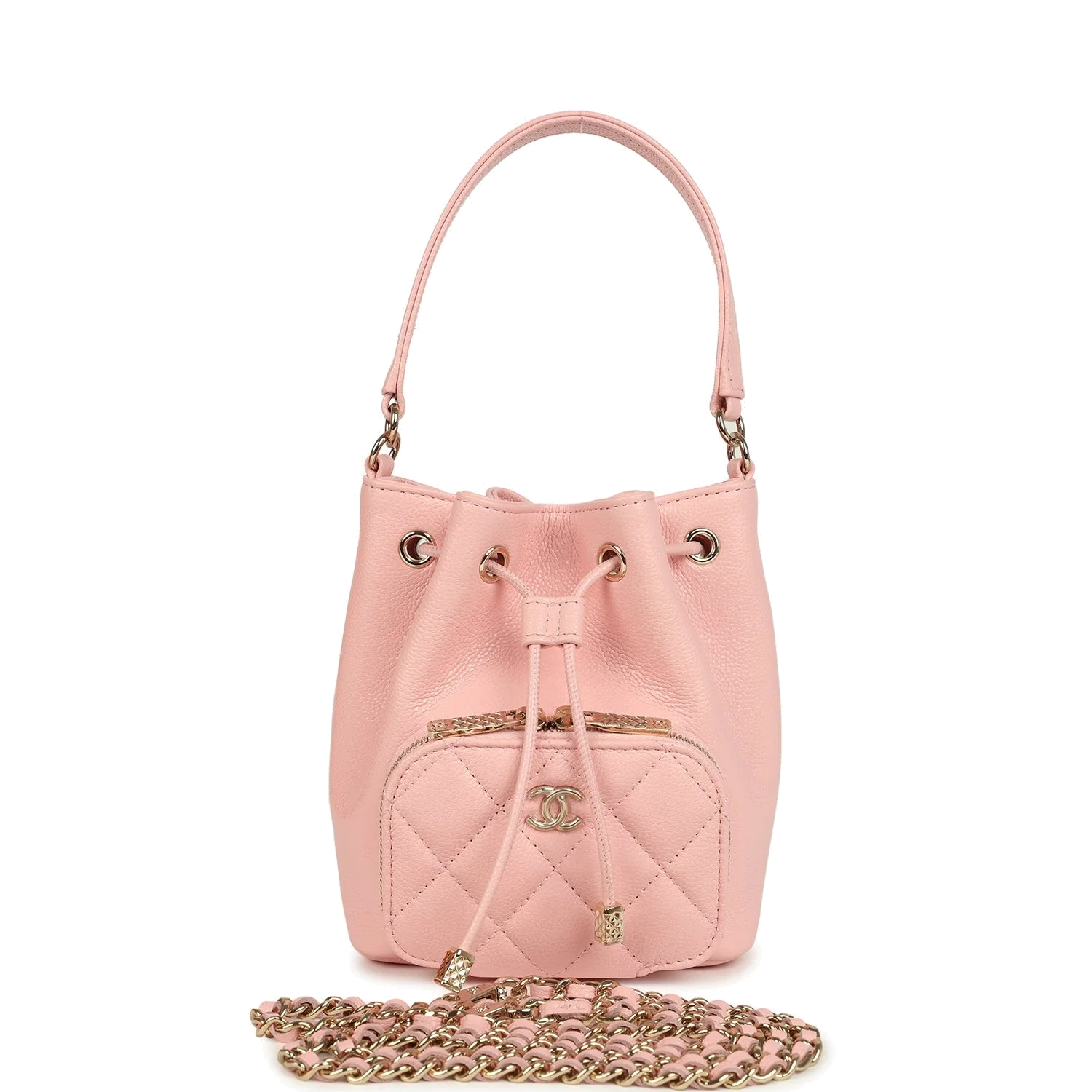 Chanel Mini Top Handle Bucket Bag with Chain Pink Shiny Caviar