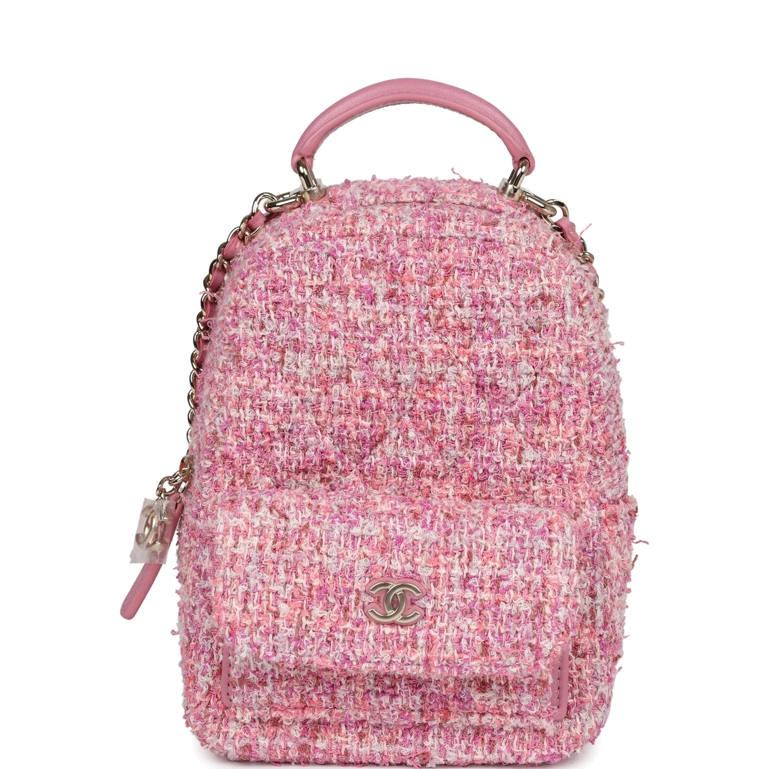 Chanel Mini Phone Holder Backpack with Chain Pink Multicolor Tweed