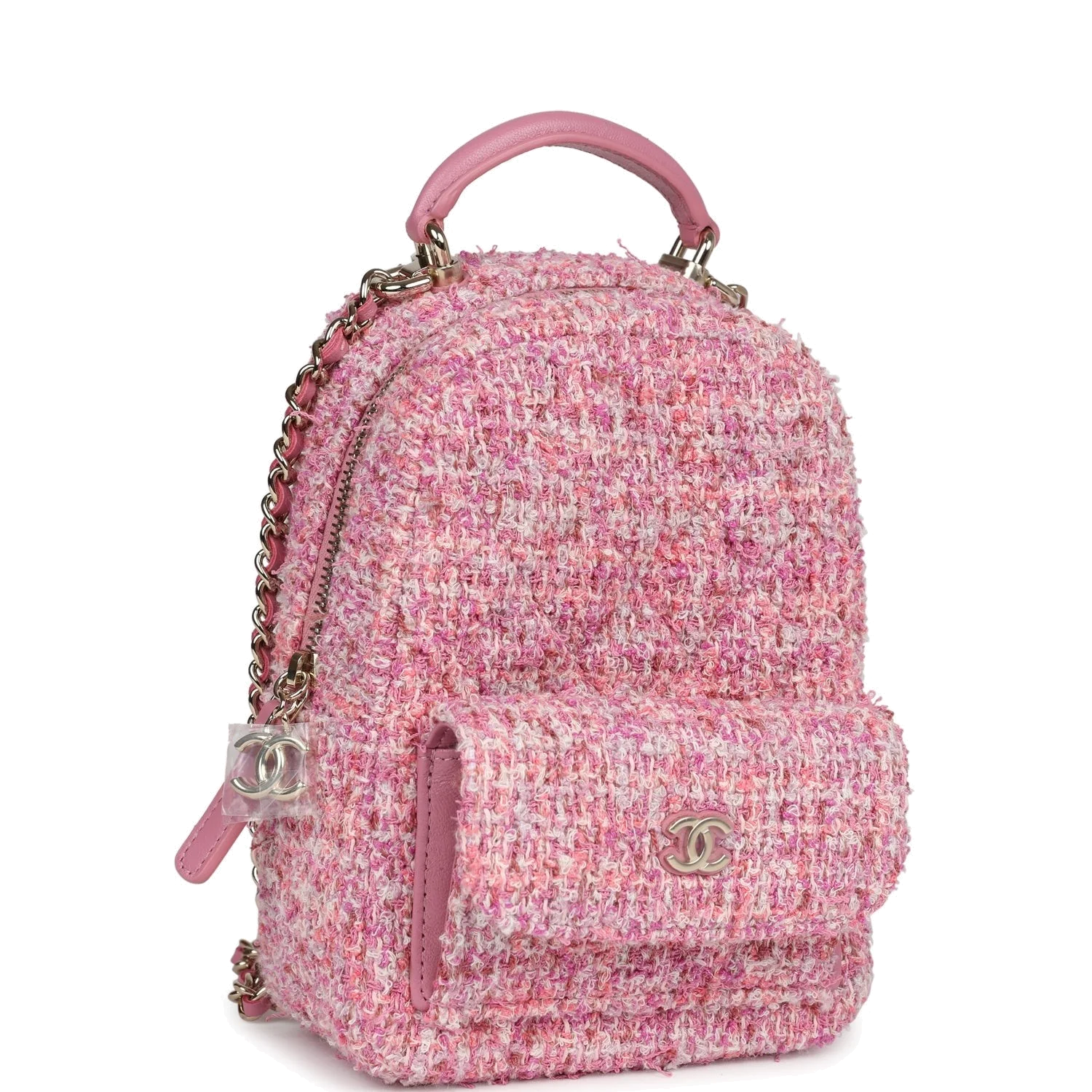 Chanel Mini Phone Holder Backpack with Chain Pink Multicolor Tweed — фото 3