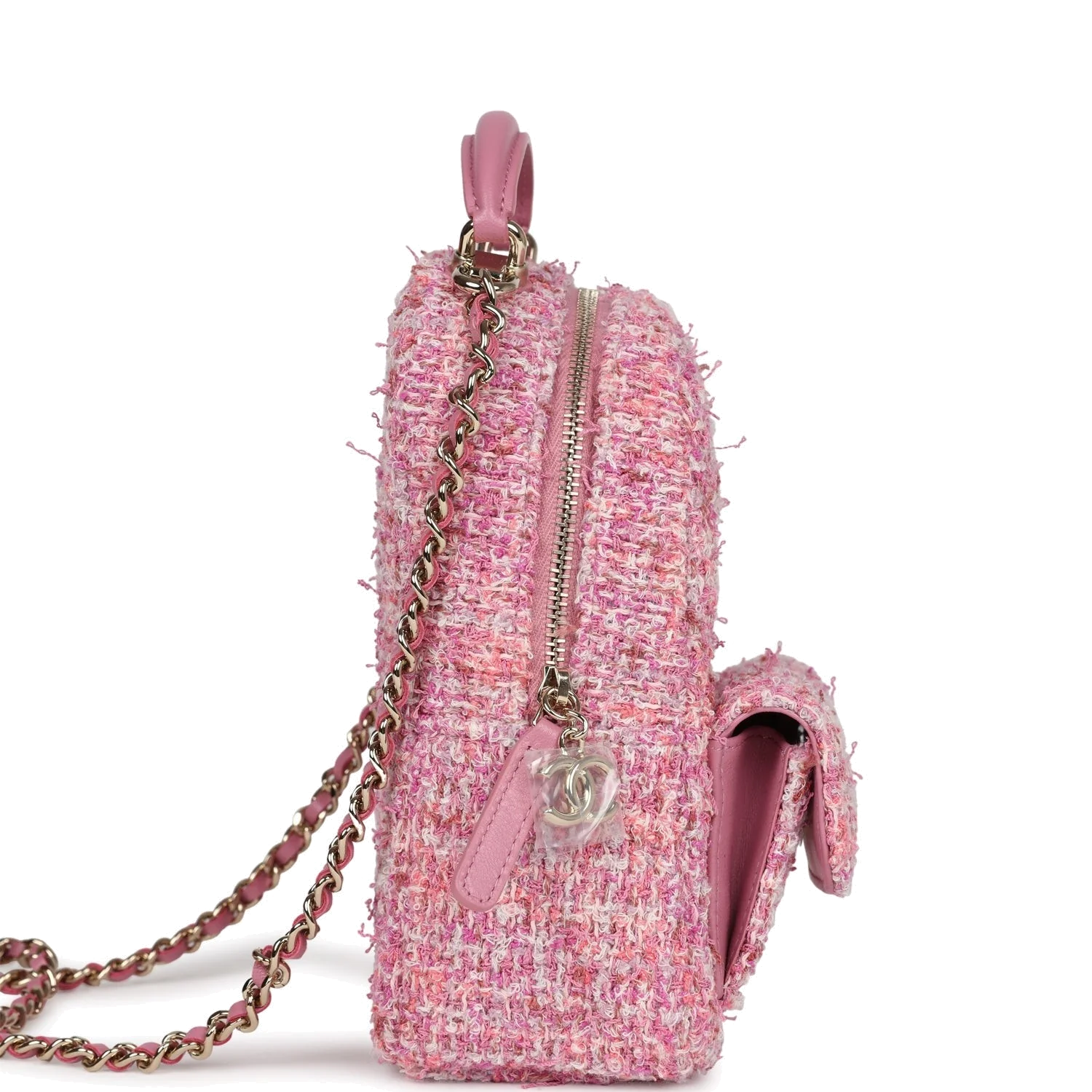 Chanel Mini Phone Holder Backpack with Chain Pink Multicolor Tweed — фото 4