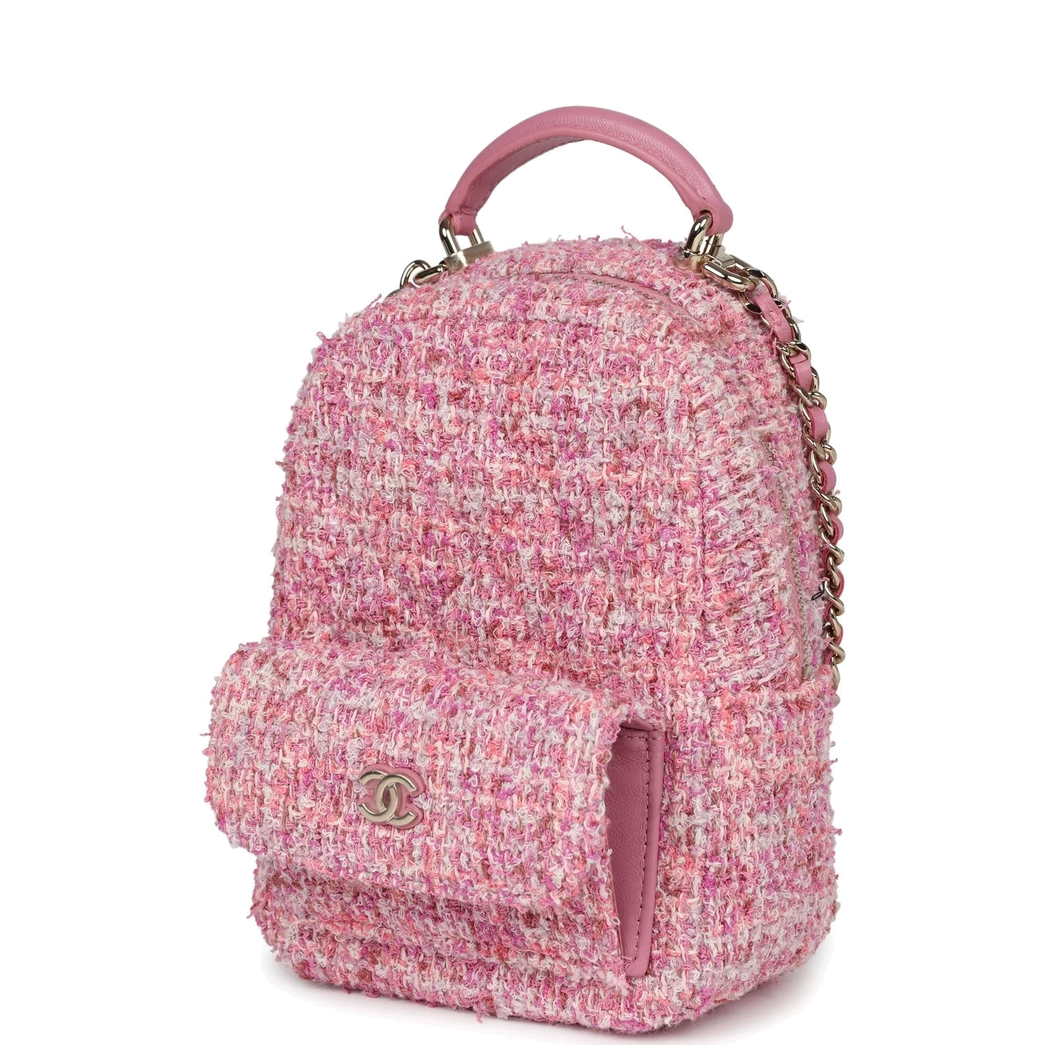 Chanel Mini Phone Holder Backpack with Chain Pink Multicolor Tweed — фото 6