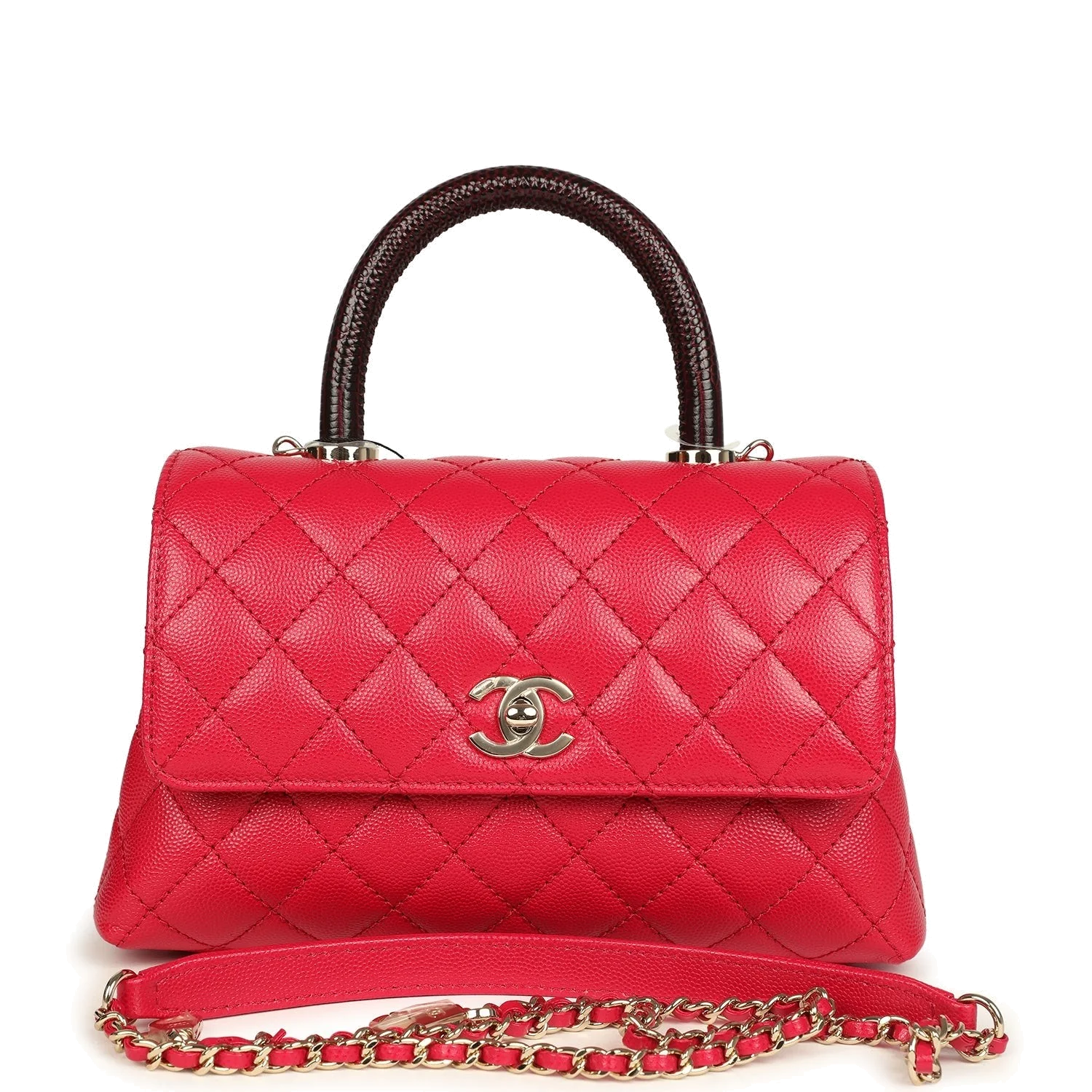 Chanel Mini Coco Top Handle Flap Bag Dark Red Shiny Caviar and Burgundy Lizard