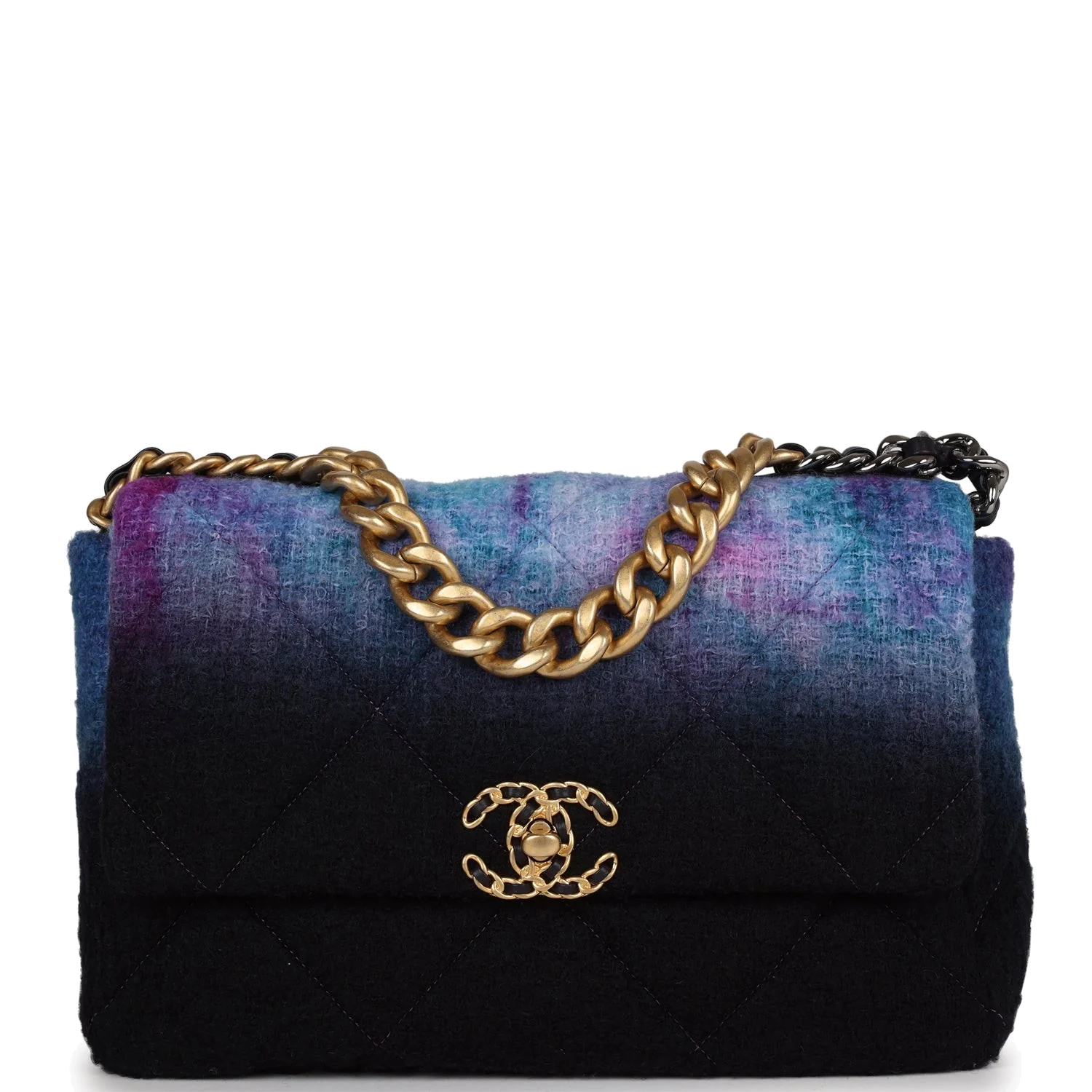 Chanel Large 19 Flap Bag Purple and Blue Wool Tweed