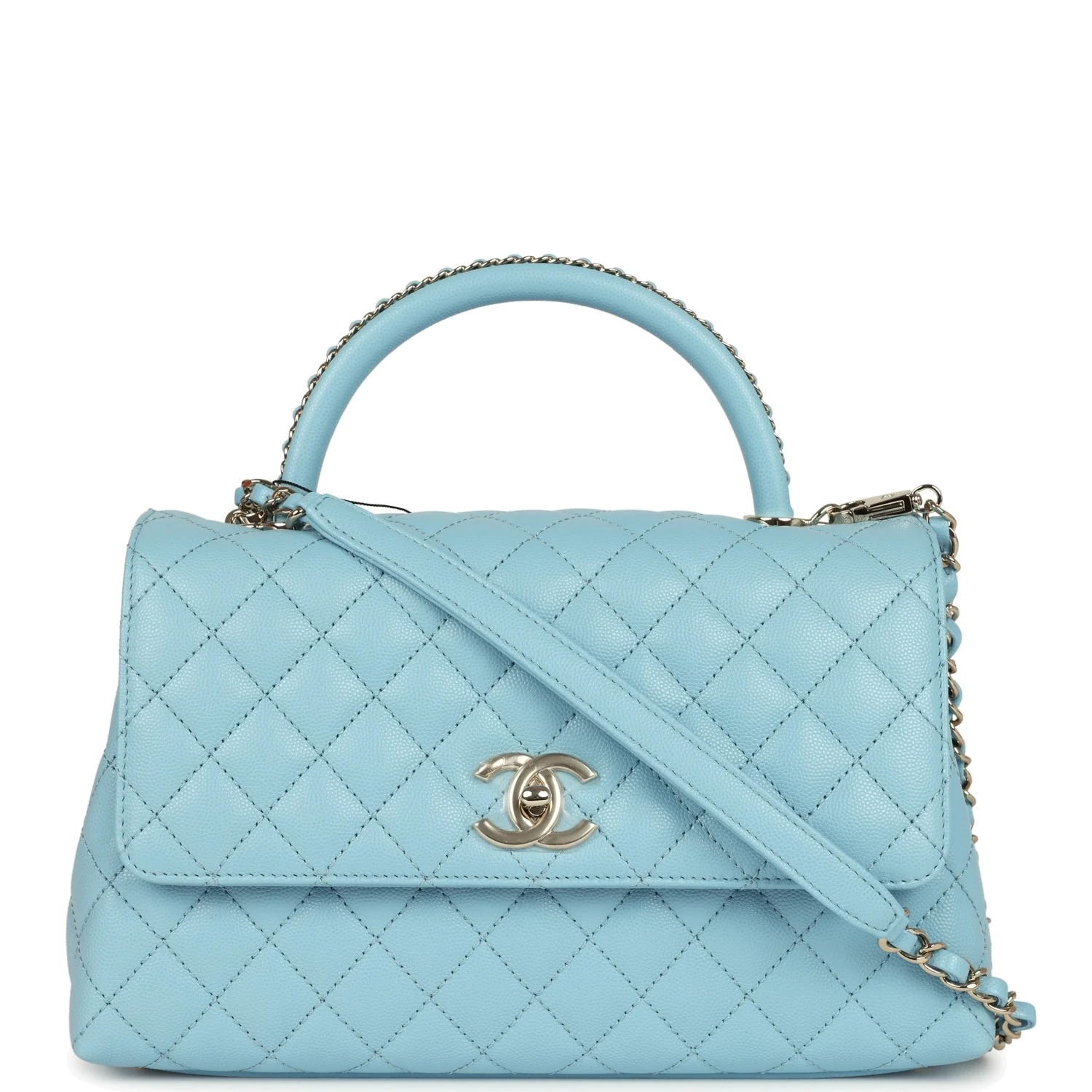 Chanel Small Coco Top Handle Flap Bag Light Blue Shiny Caviar