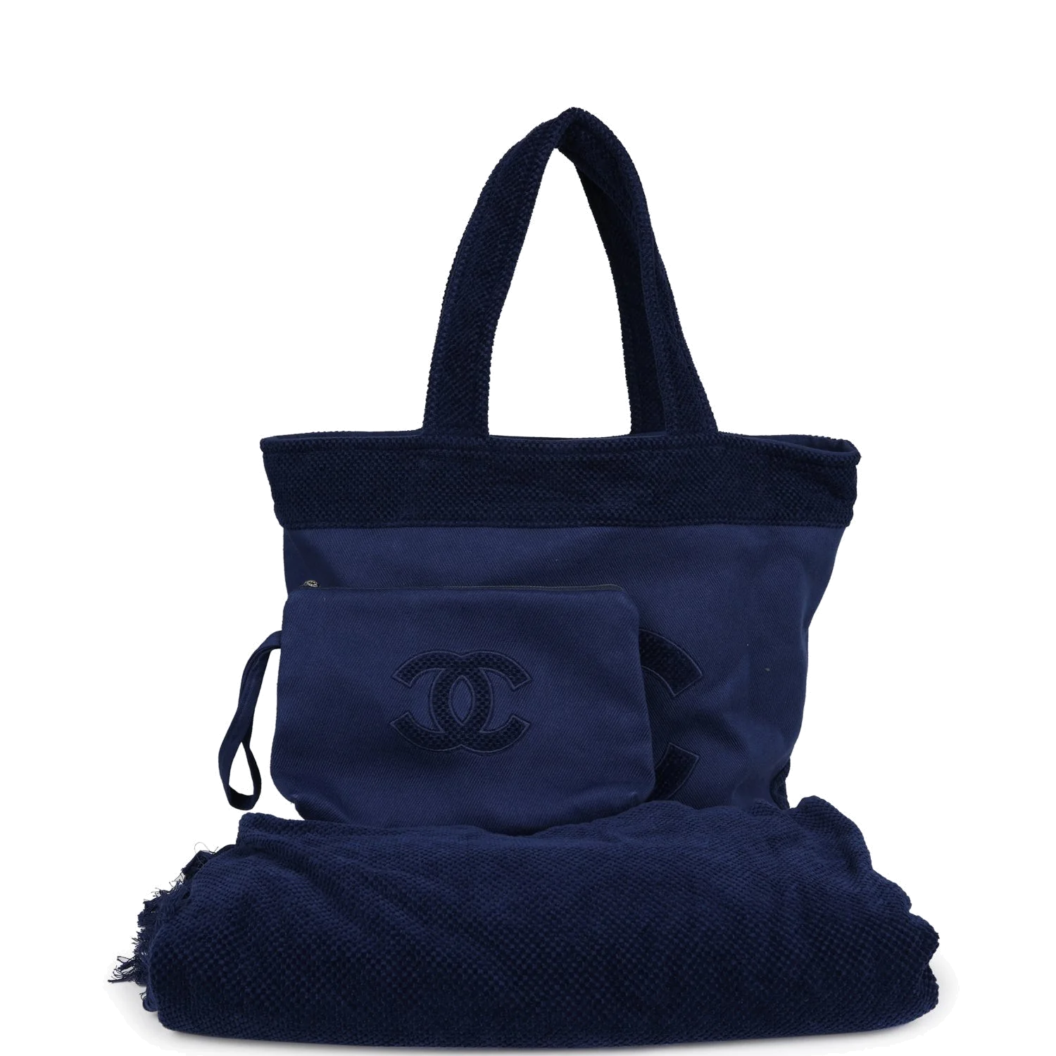 Chanel CC Beach Tote Bag & Towel Set Navy Blue Canvas & Terry