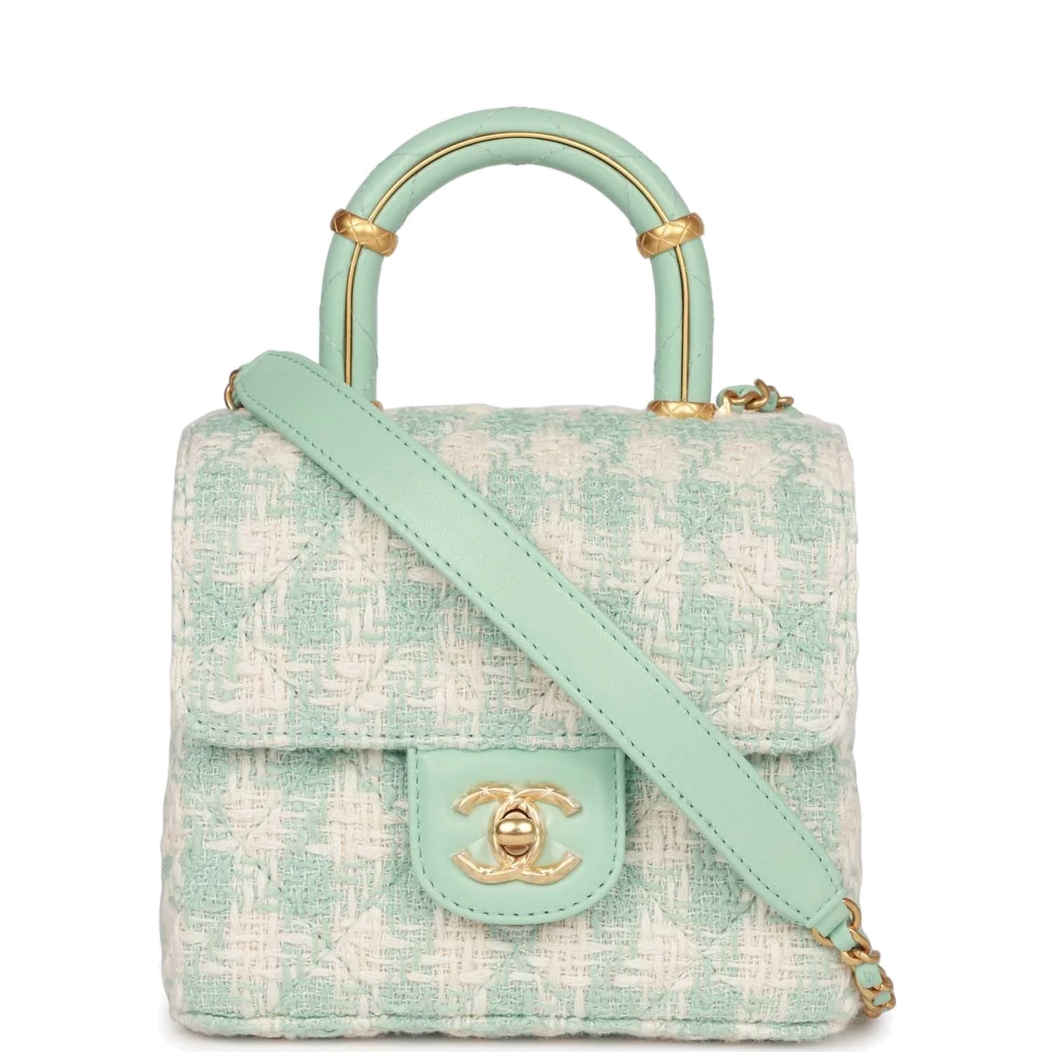 Chanel Mini Square Flap with Top Handle Turquoise and Ecru Tweed — фото 2