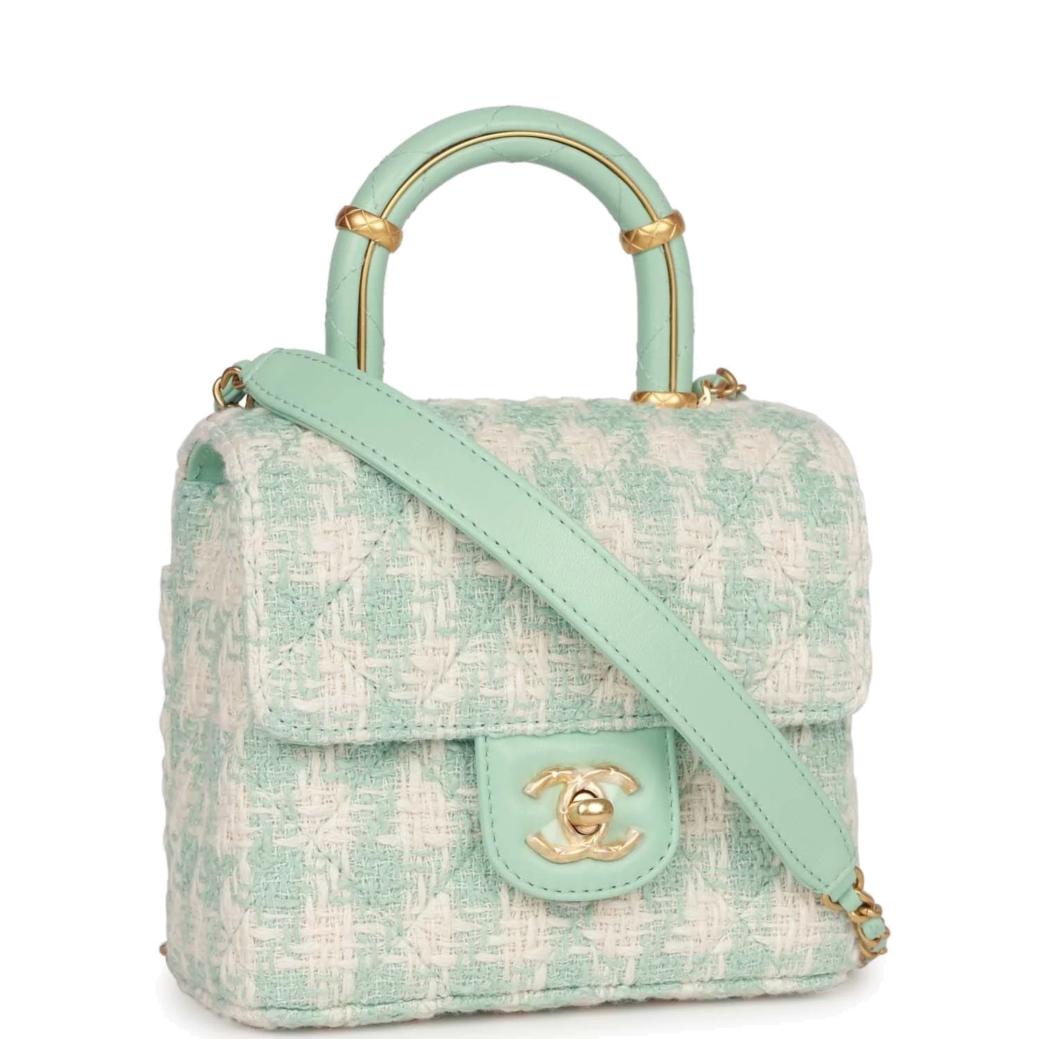 Chanel Mini Square Flap with Top Handle Turquoise and Ecru Tweed — фото 3