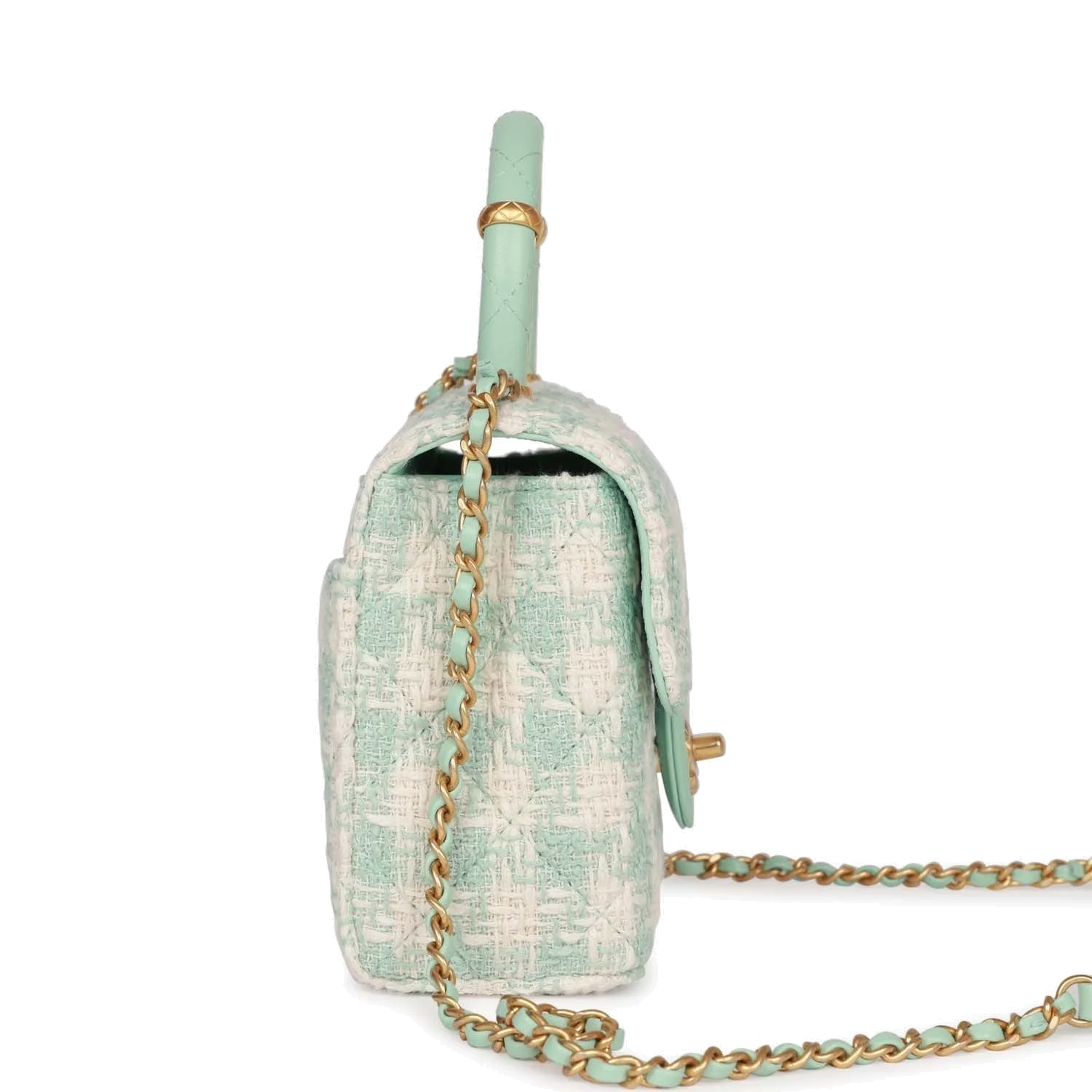 Chanel Mini Square Flap with Top Handle Turquoise and Ecru Tweed — фото 4