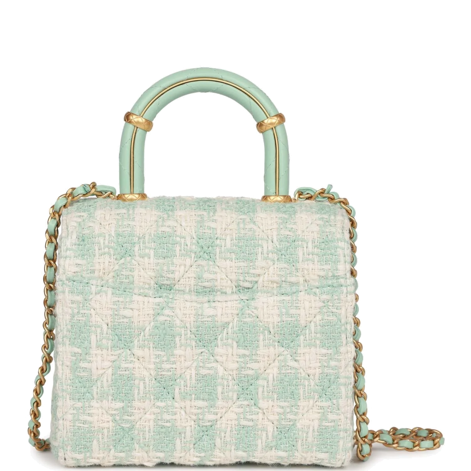Chanel Mini Square Flap with Top Handle Turquoise and Ecru Tweed — фото 5
