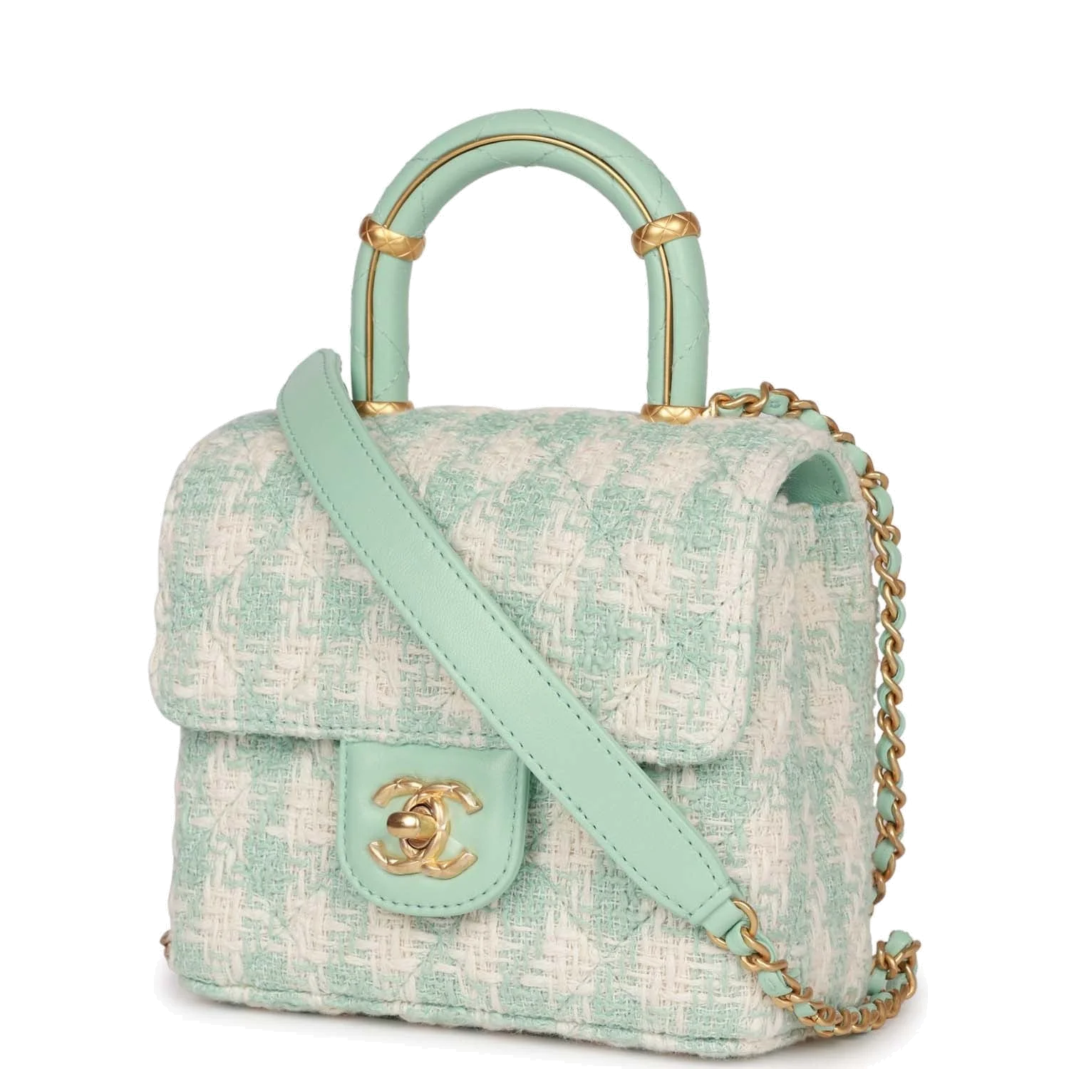 Chanel Mini Square Flap with Top Handle Turquoise and Ecru Tweed — фото 6