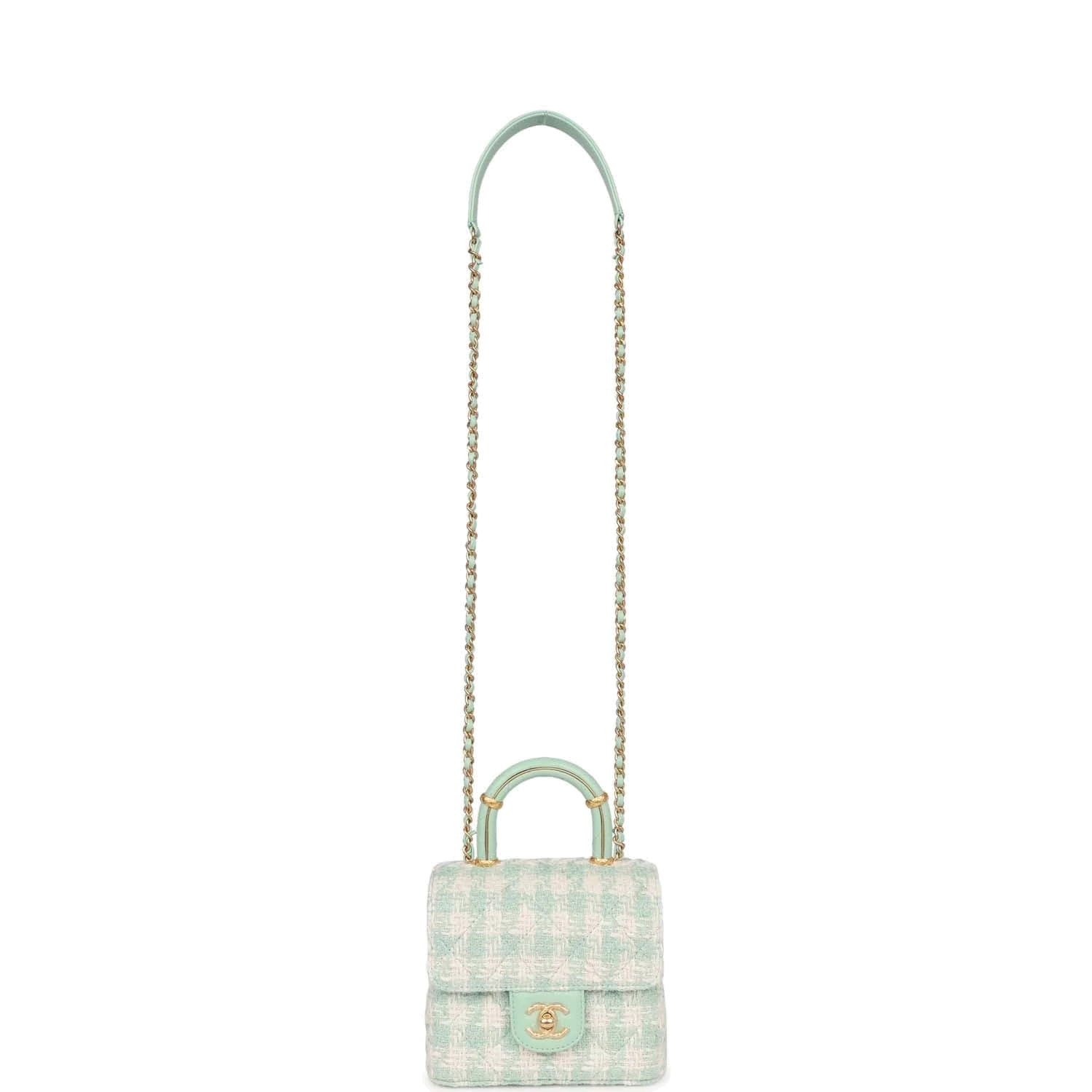 Chanel Mini Square Flap with Top Handle Turquoise and Ecru Tweed — фото 8