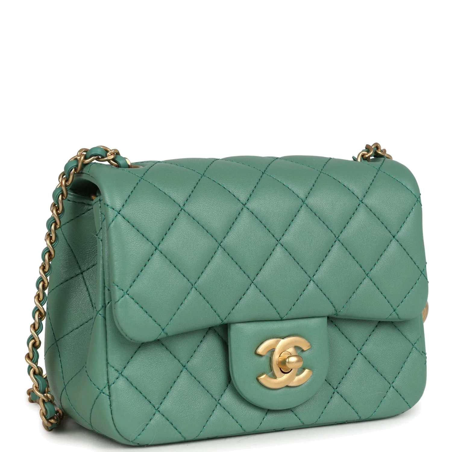Chanel Mini Square Pearl Crush Flap Bag Green Lambskin — фото 3