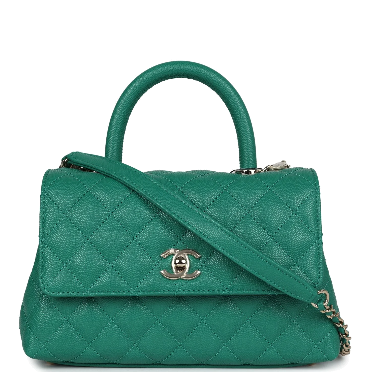Chanel Mini Coco Top Handle Flap Bag Dark Green Caviar